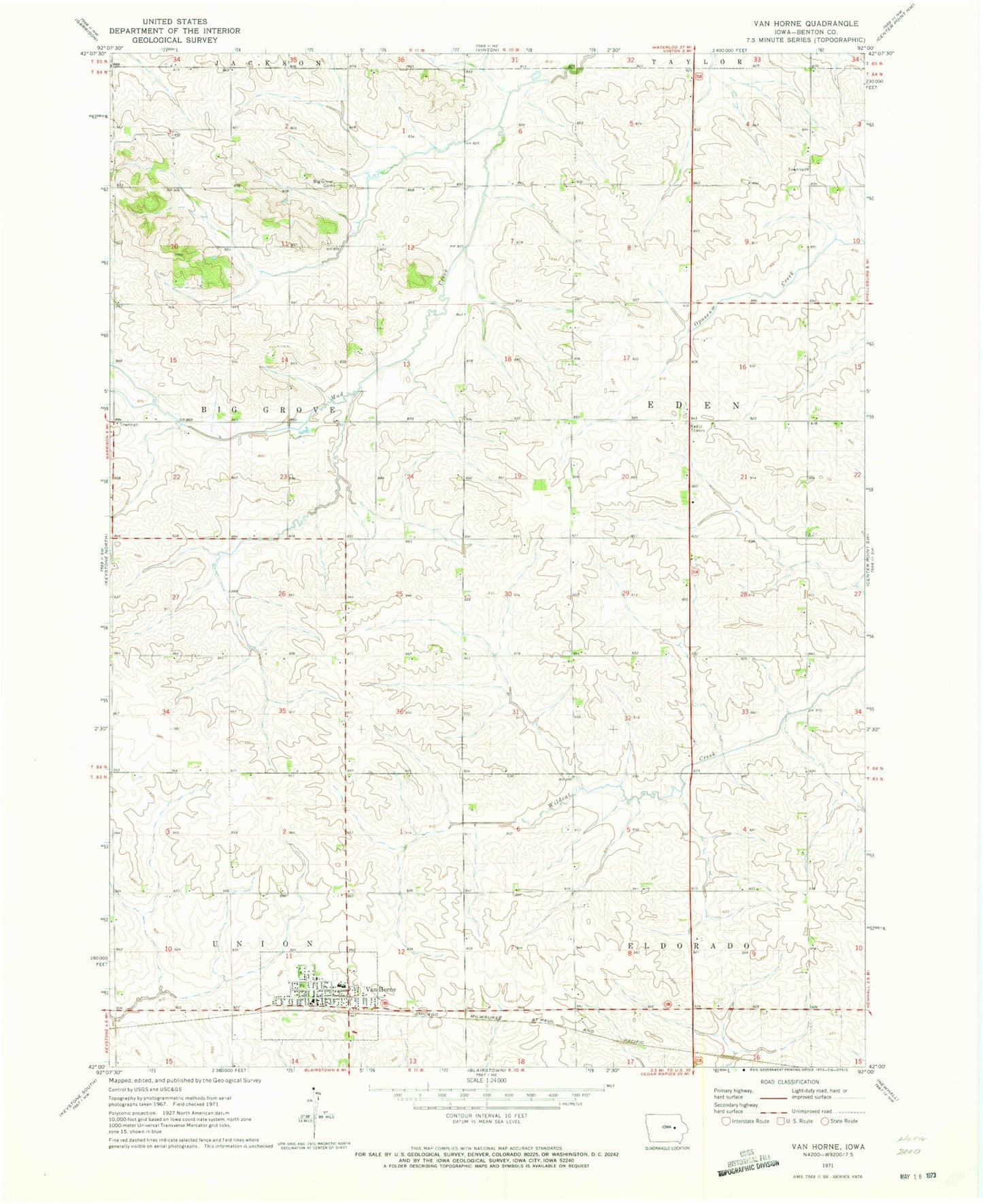 Classic USGS Van Horne Iowa 7.5'x7.5' Topo Map Image