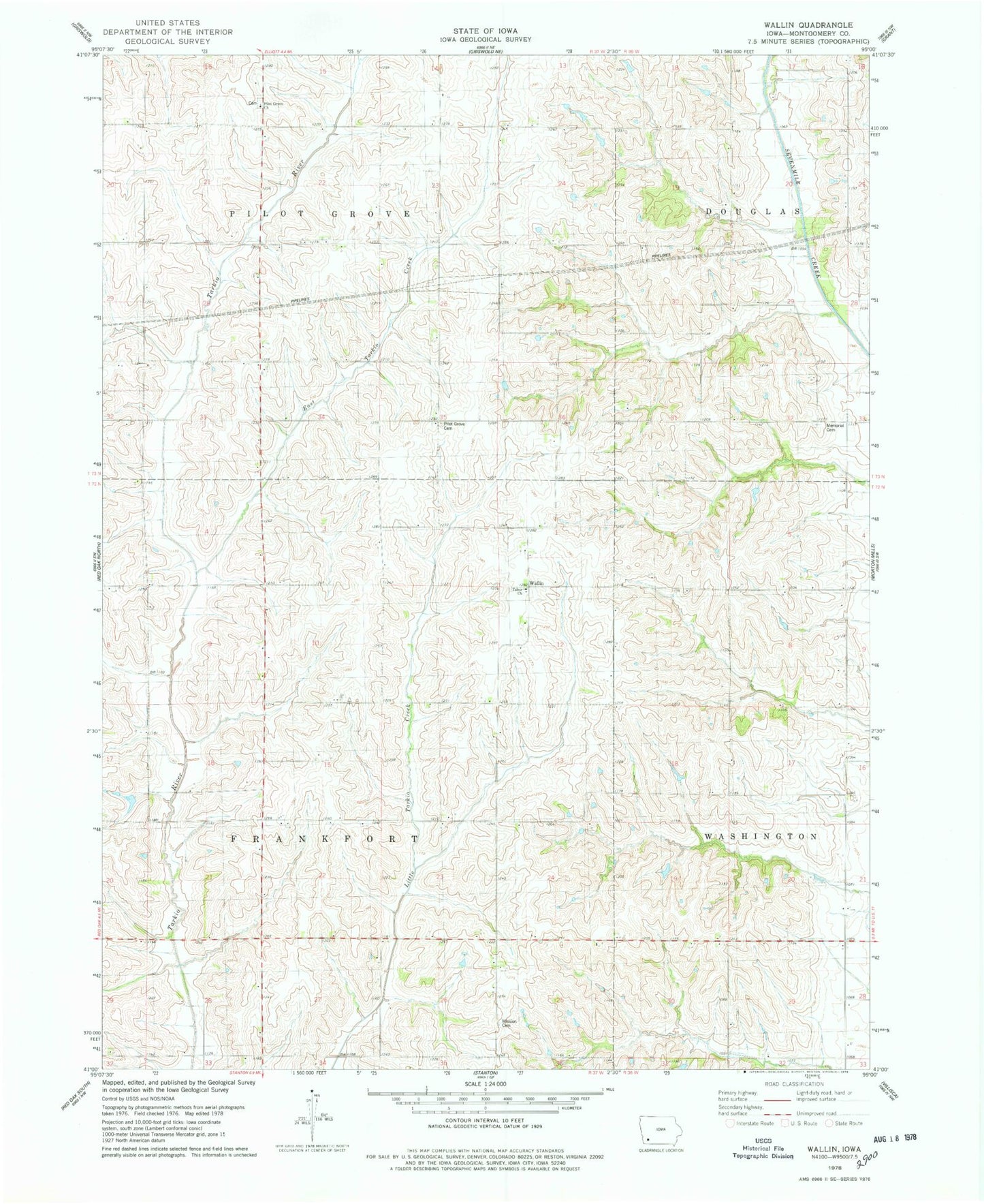 Classic USGS Wallin Iowa 7.5'x7.5' Topo Map Image