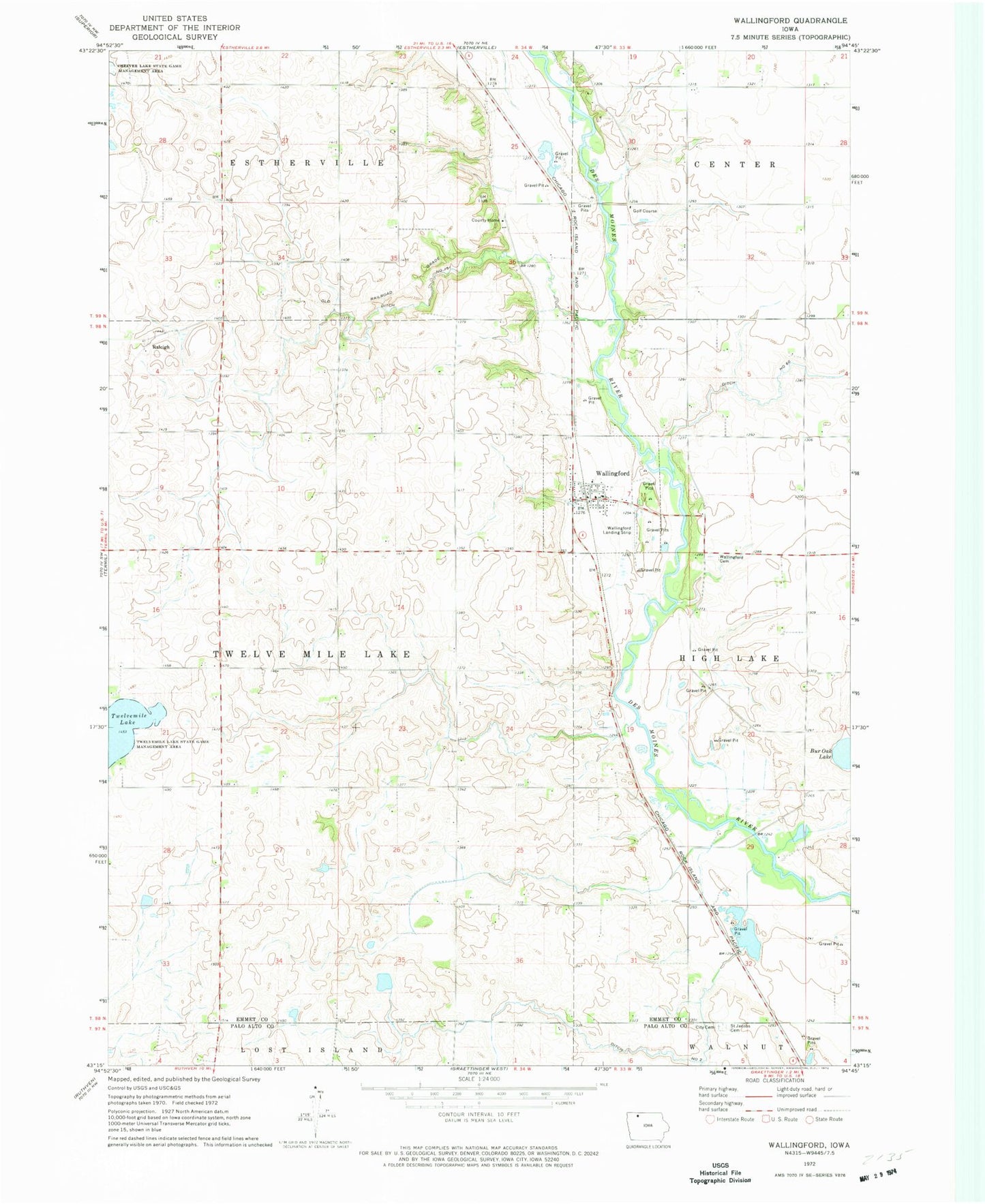 Classic USGS Wallingford Iowa 7.5'x7.5' Topo Map Image