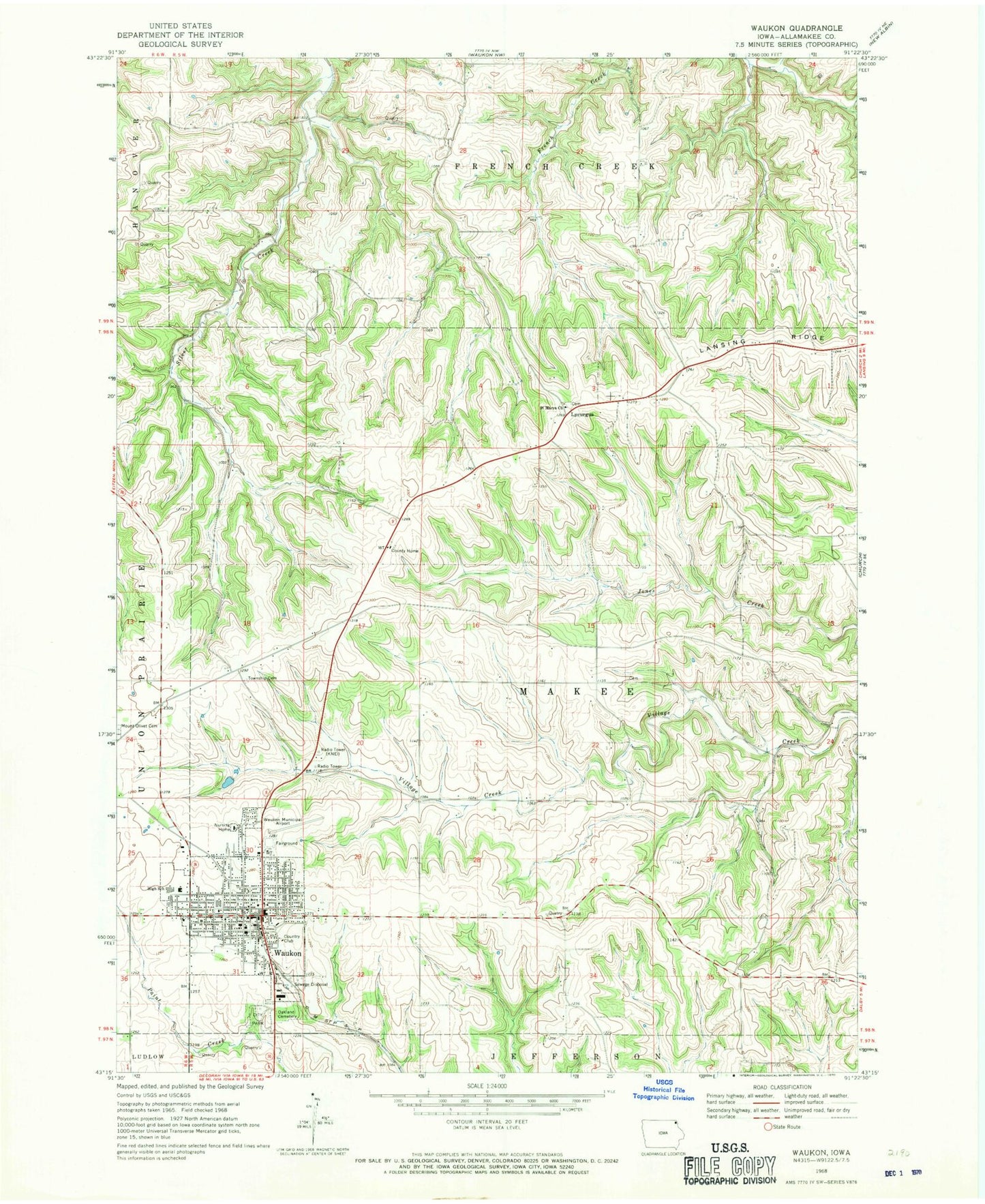 Classic USGS Waukon Iowa 7.5'x7.5' Topo Map Image
