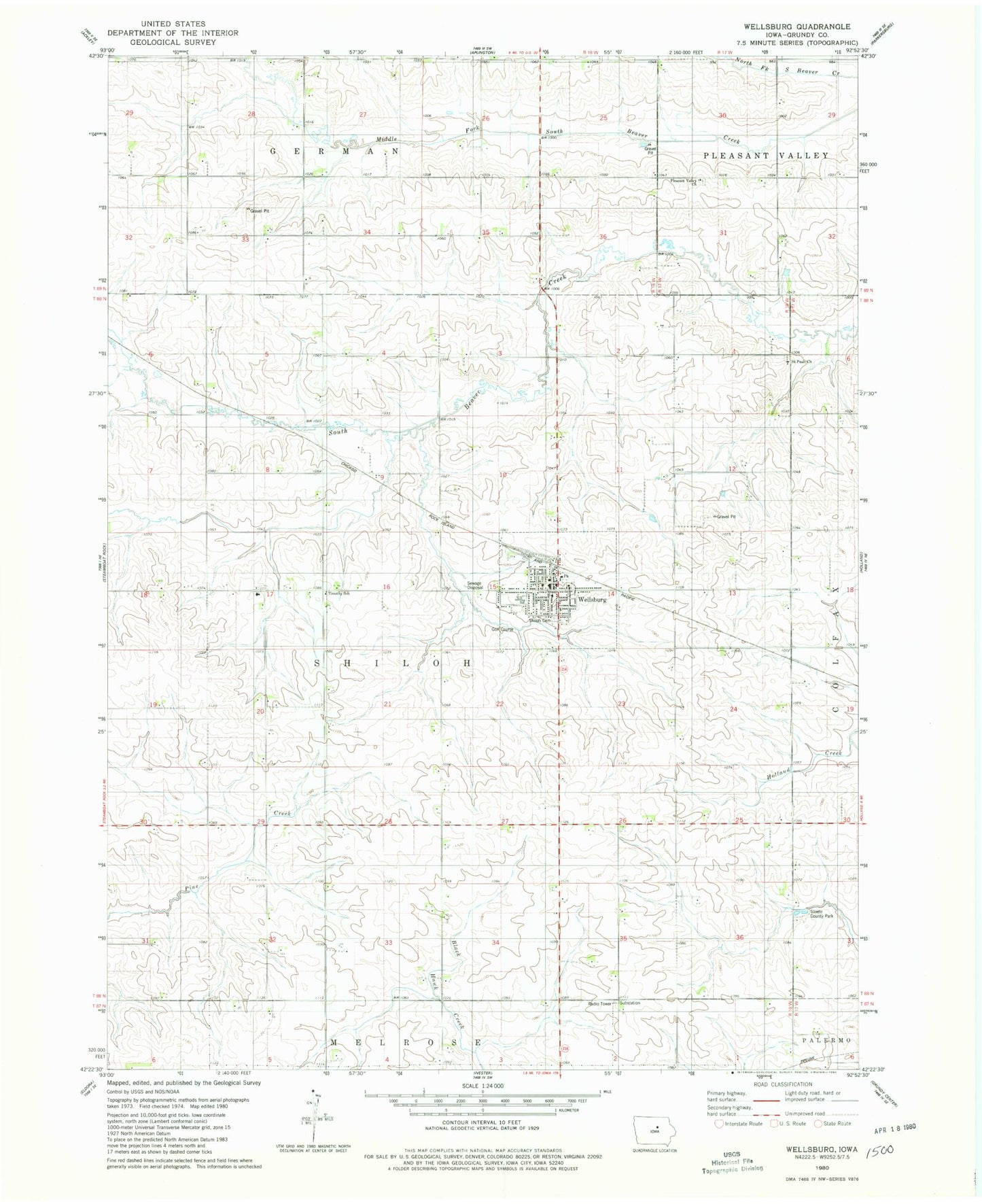 Classic USGS Wellsburg Iowa 7.5'x7.5' Topo Map Image