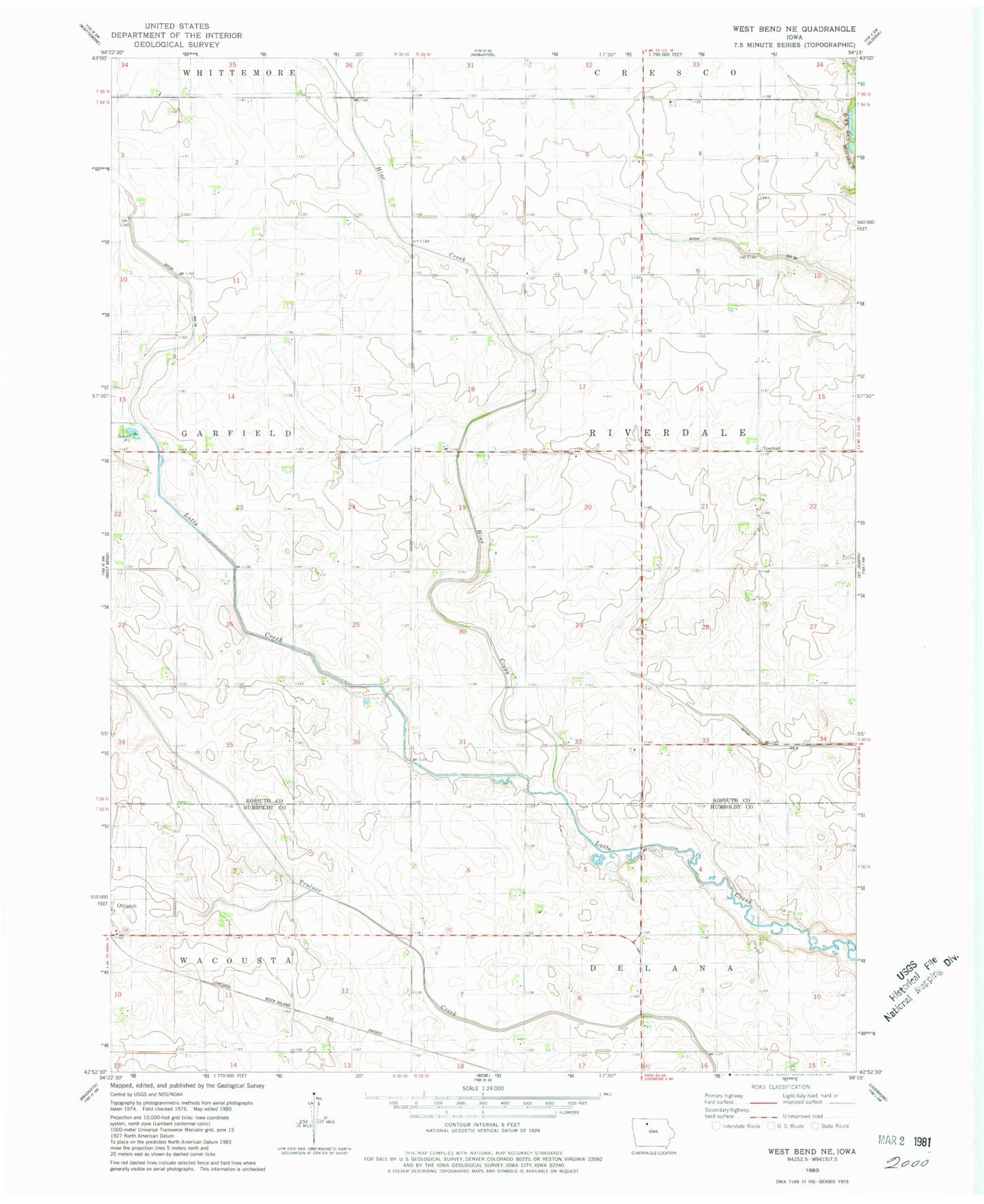 Classic USGS West Bend NE Iowa 7.5'x7.5' Topo Map Image