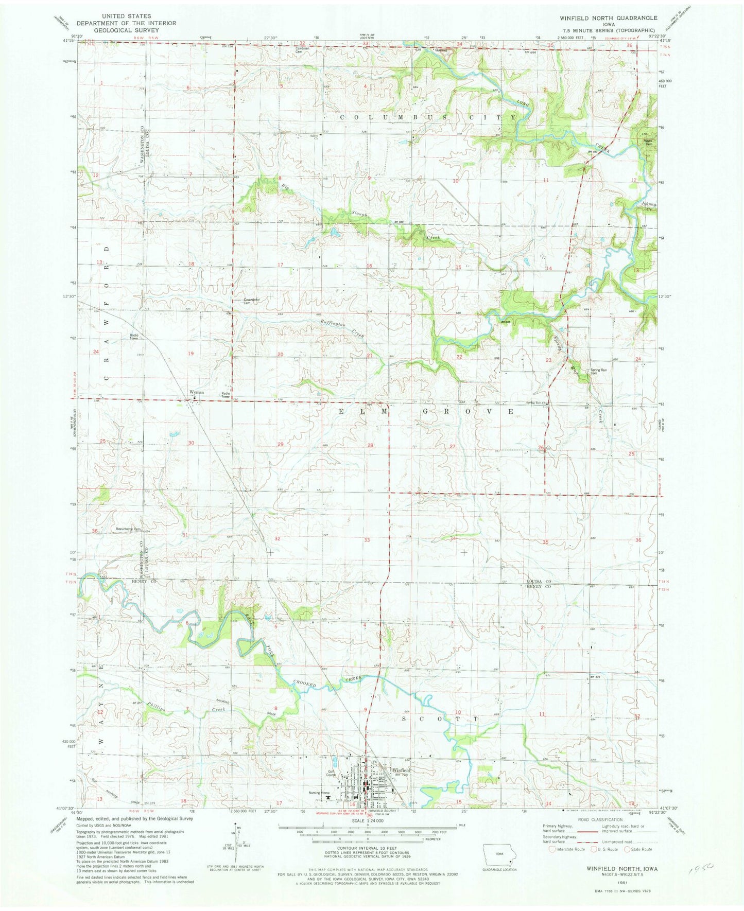 Classic USGS Winfield North Iowa 7.5'x7.5' Topo Map Image