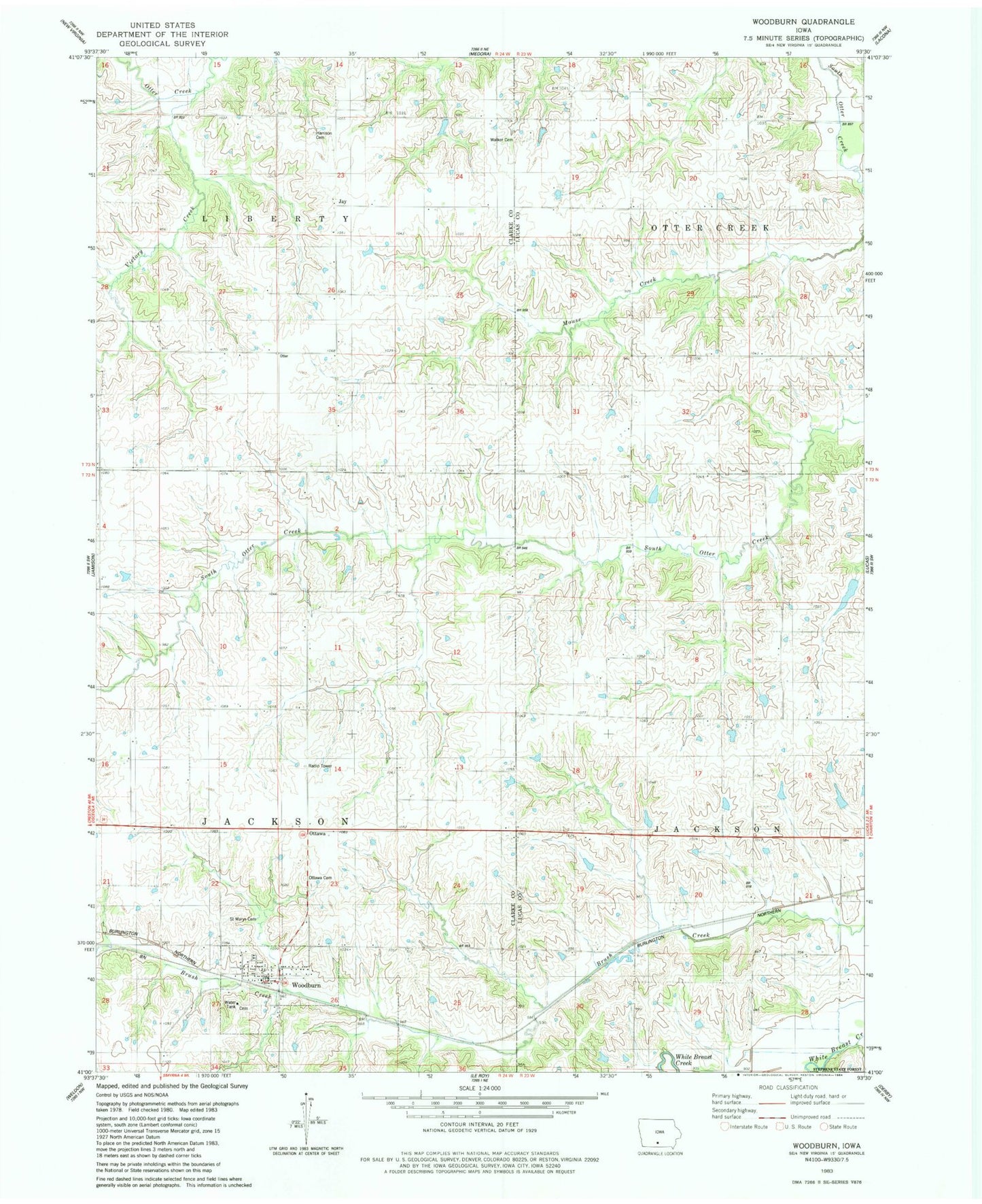 Classic USGS Woodburn Iowa 7.5'x7.5' Topo Map Image