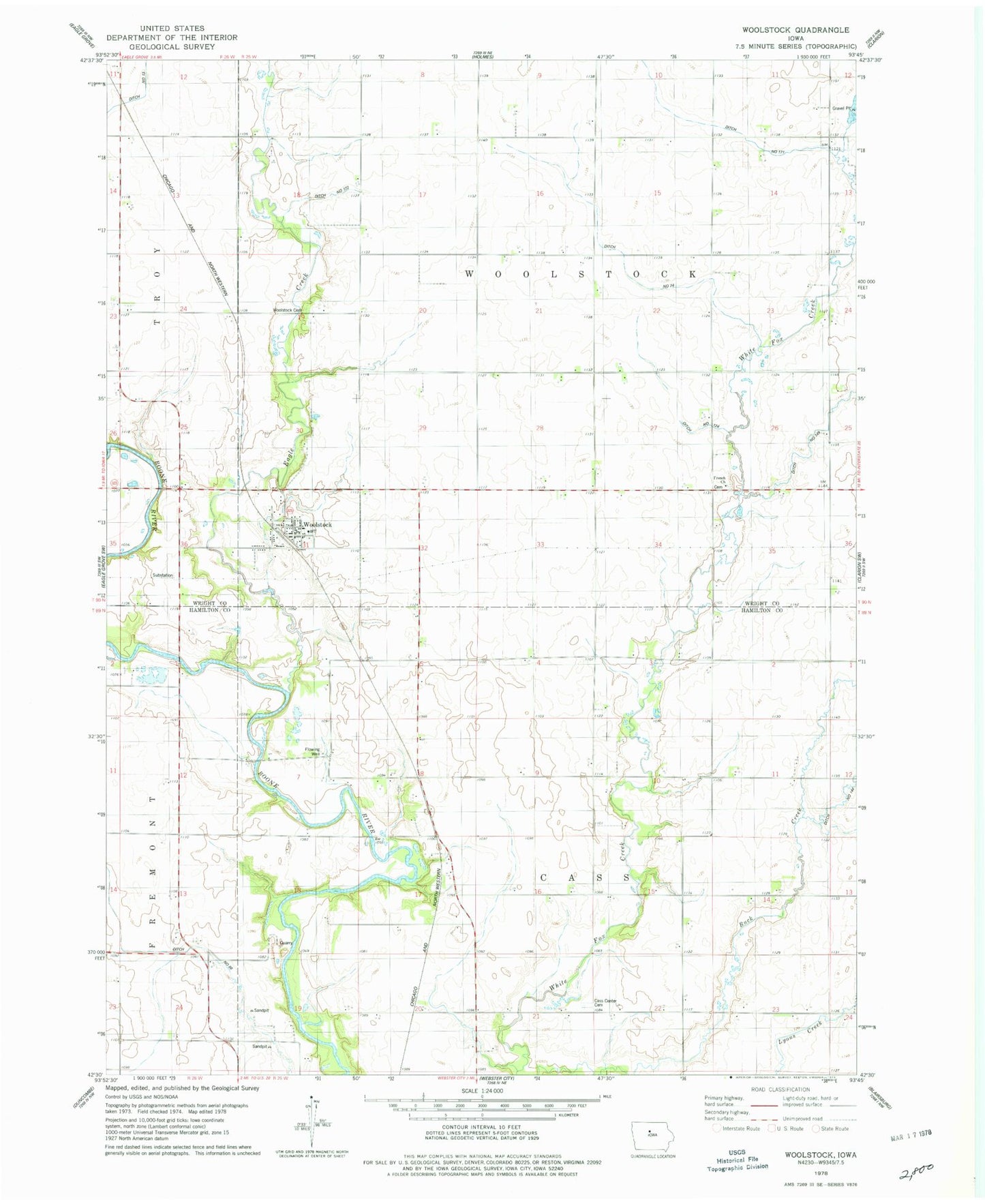 Classic USGS Woolstock Iowa 7.5'x7.5' Topo Map Image