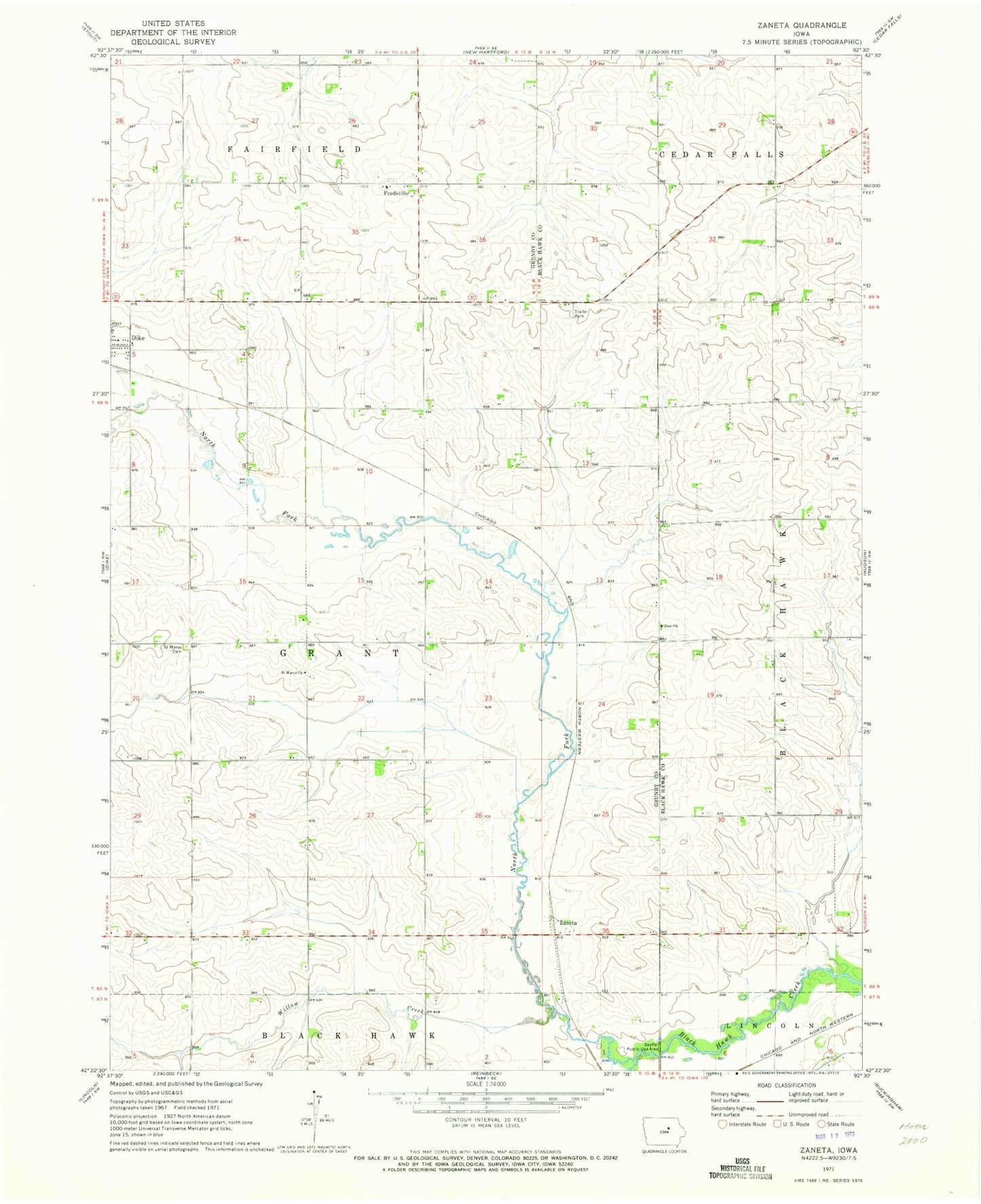 Classic USGS Zaneta Iowa 7.5'x7.5' Topo Map Image