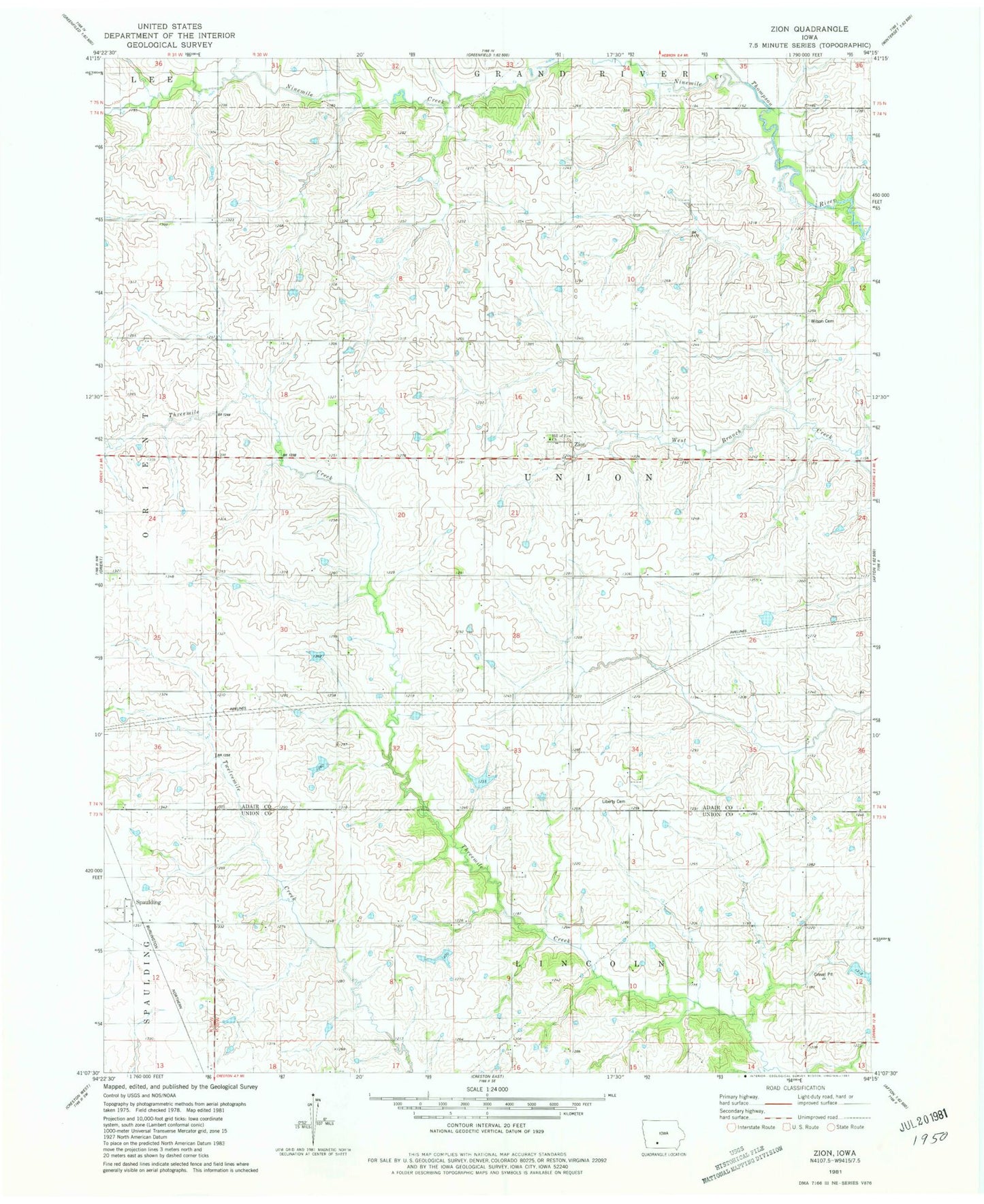 Classic USGS Zion Iowa 7.5'x7.5' Topo Map Image