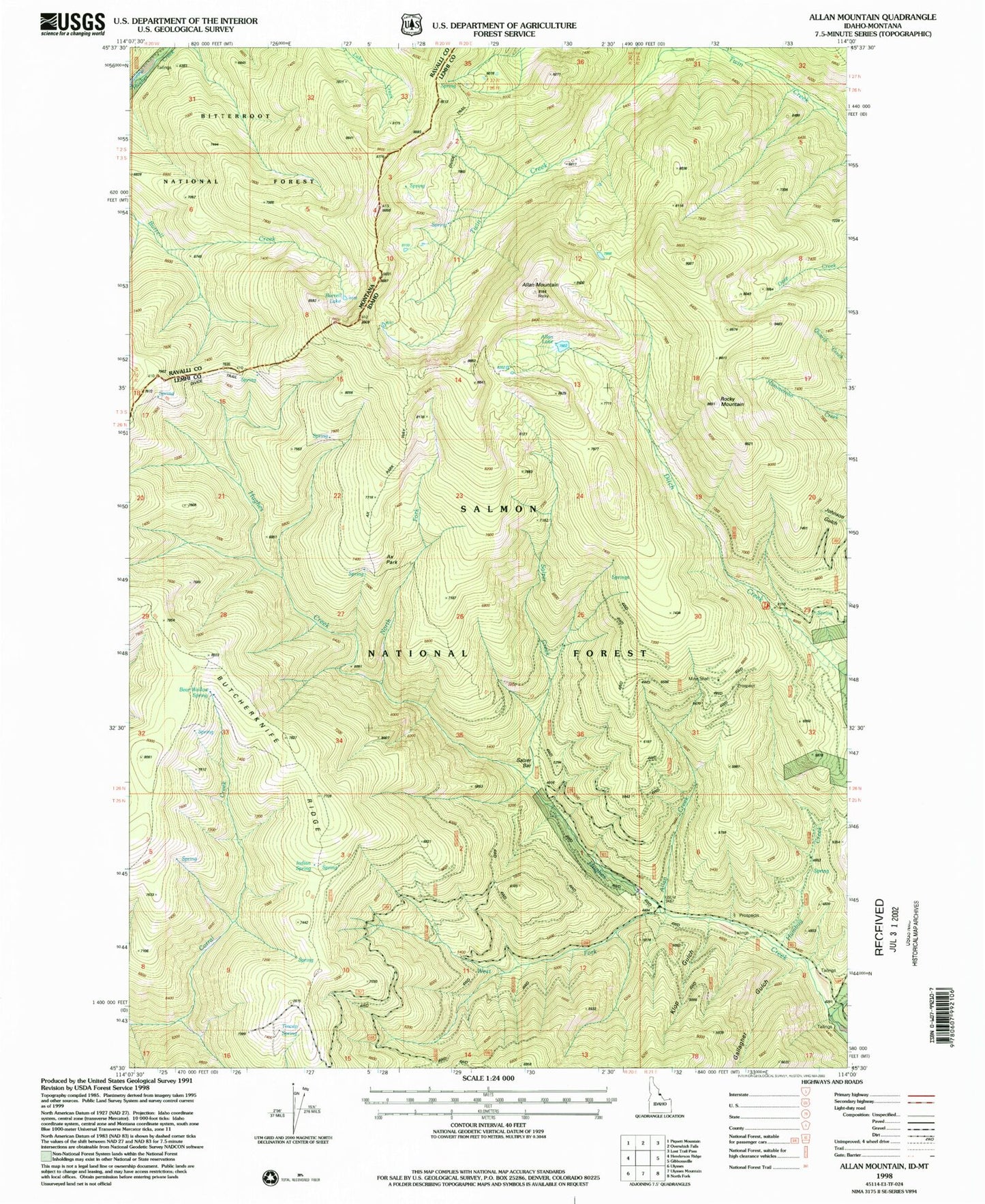 Classic USGS Allan Mountain Idaho 7.5'x7.5' Topo Map Image
