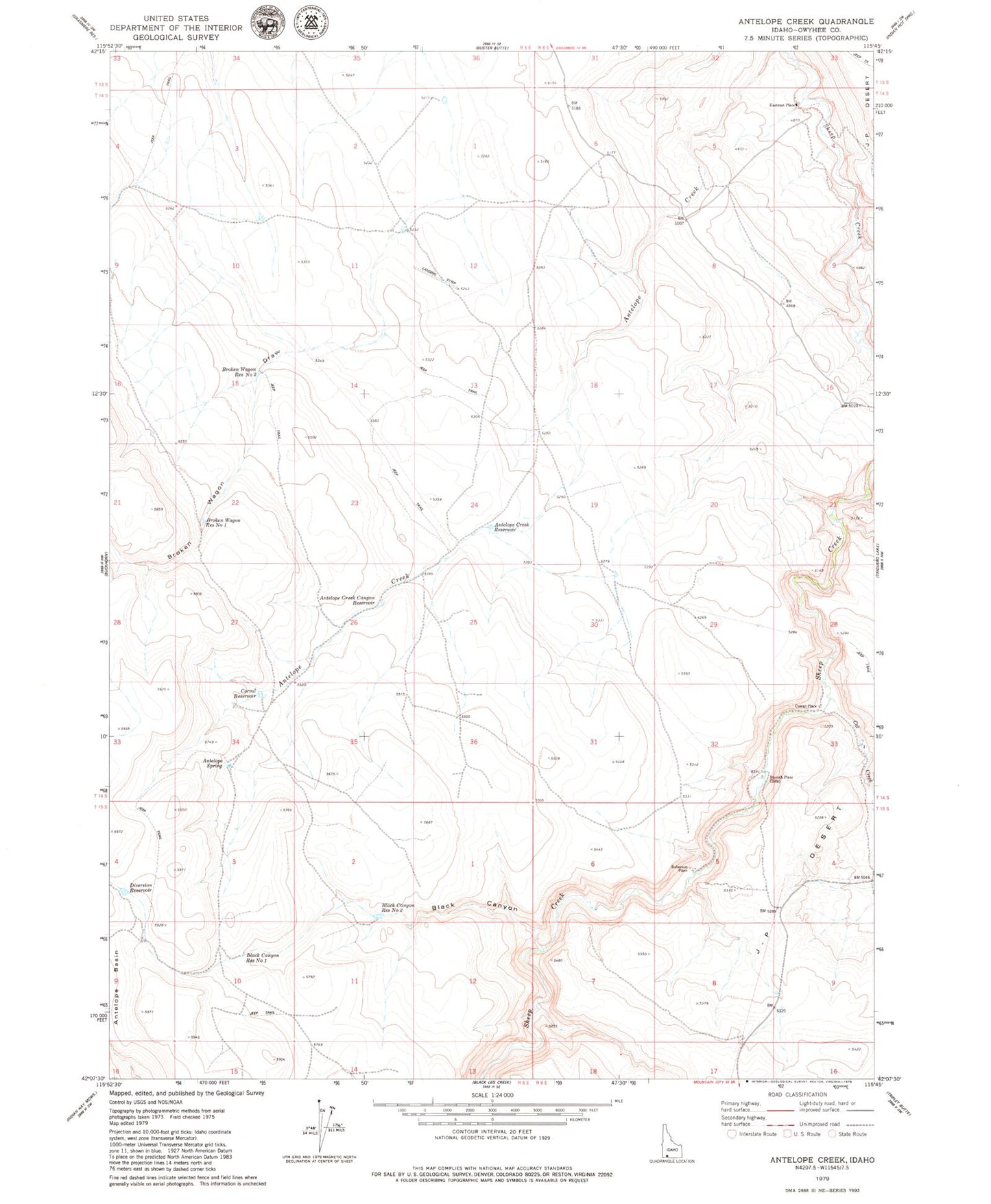 Classic USGS Antelope Creek Idaho 7.5'x7.5' Topo Map Image