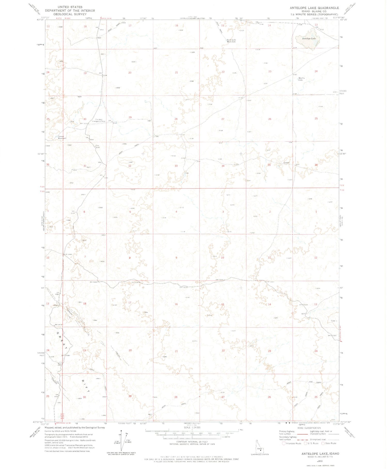 Classic USGS Antelope Lake Idaho 7.5'x7.5' Topo Map Image