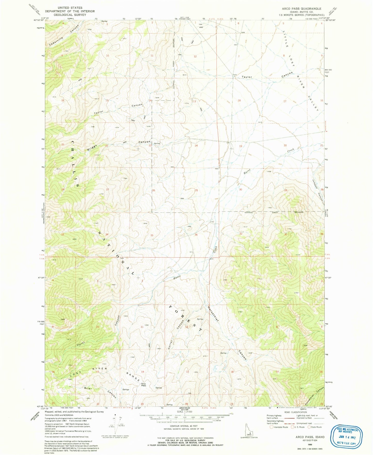 Classic USGS Arco Pass Idaho 7.5'x7.5' Topo Map Image