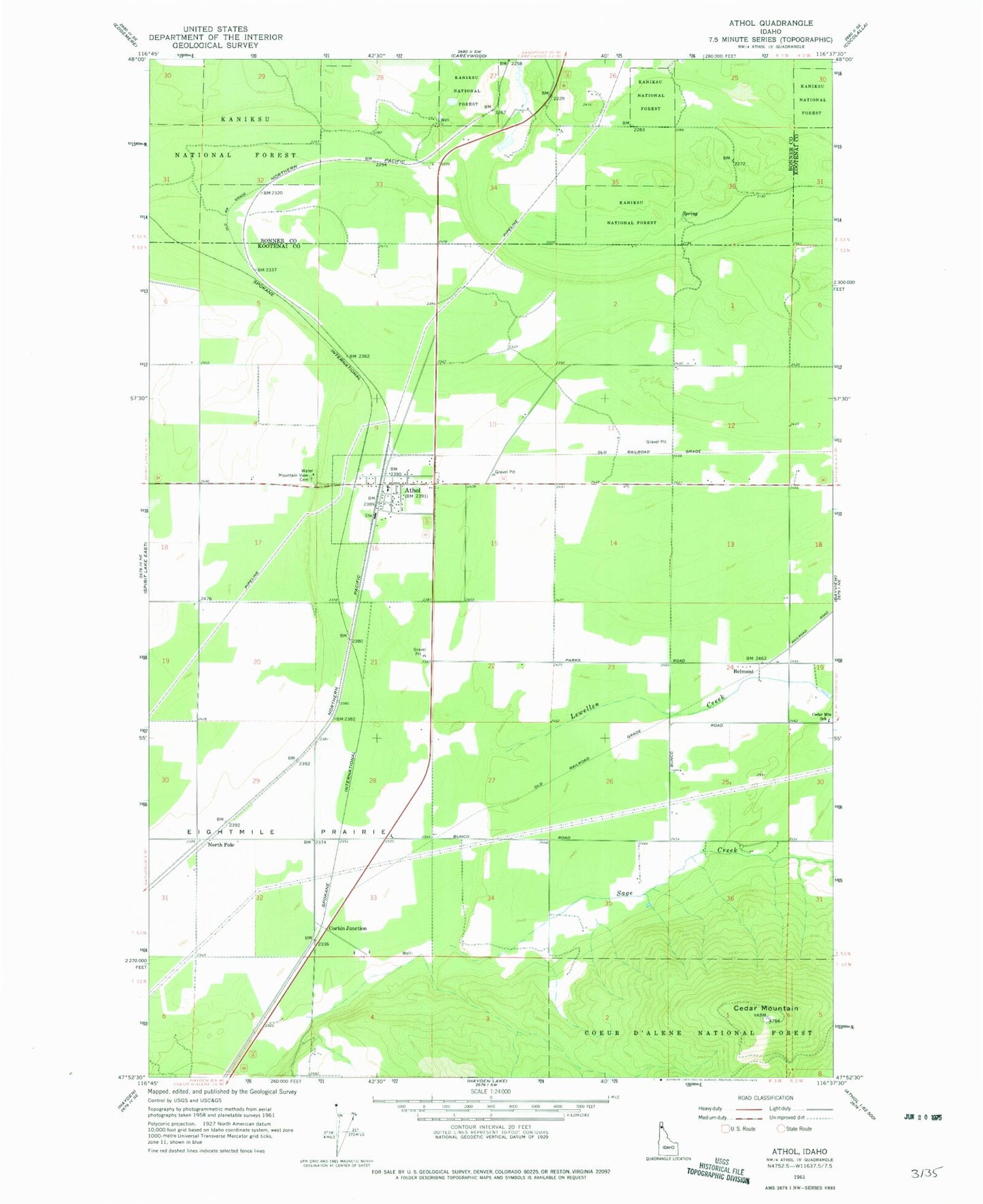 Classic USGS Athol Idaho 7.5'x7.5' Topo Map Image