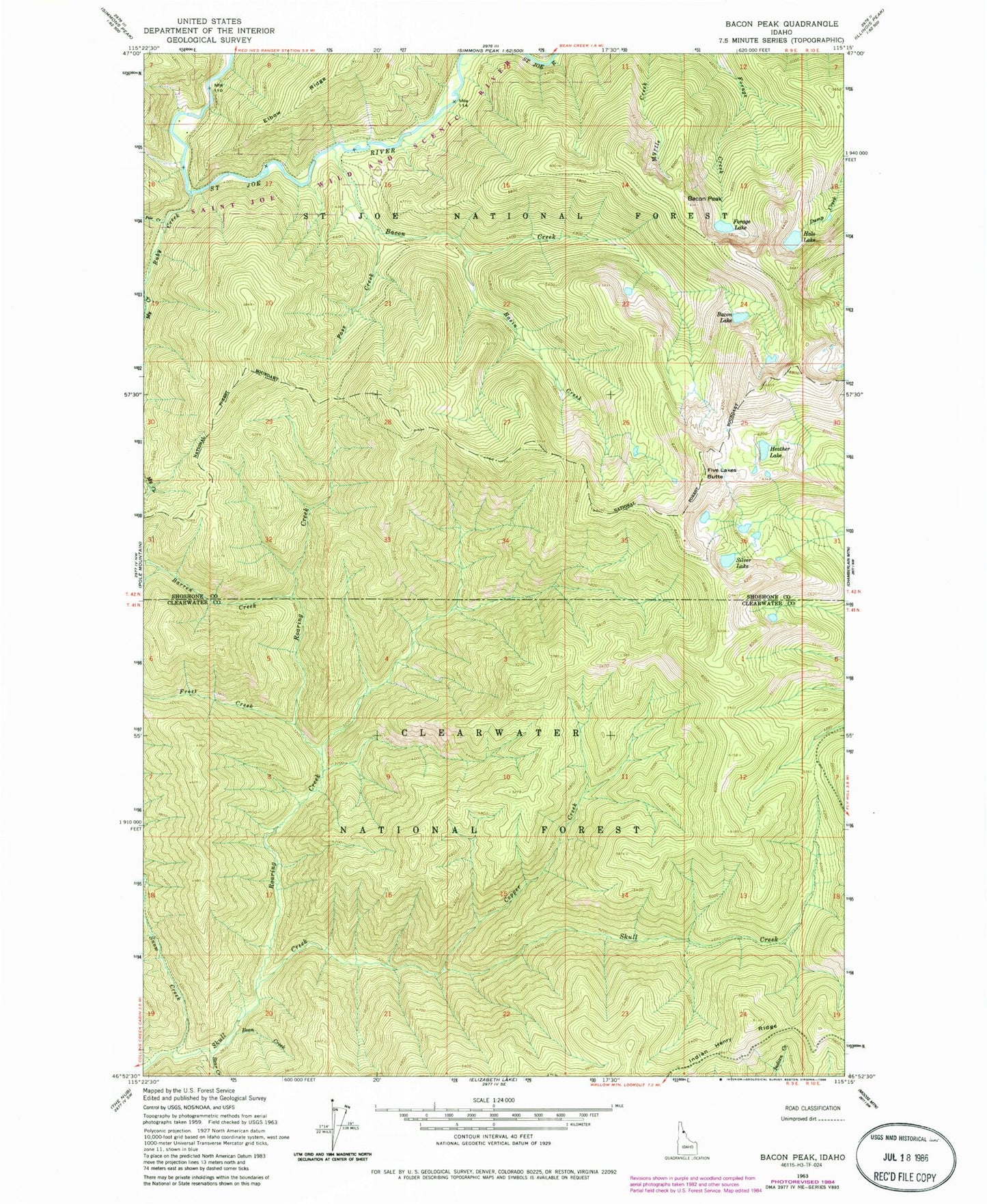 Classic USGS Bacon Peak Idaho 7.5'x7.5' Topo Map Image