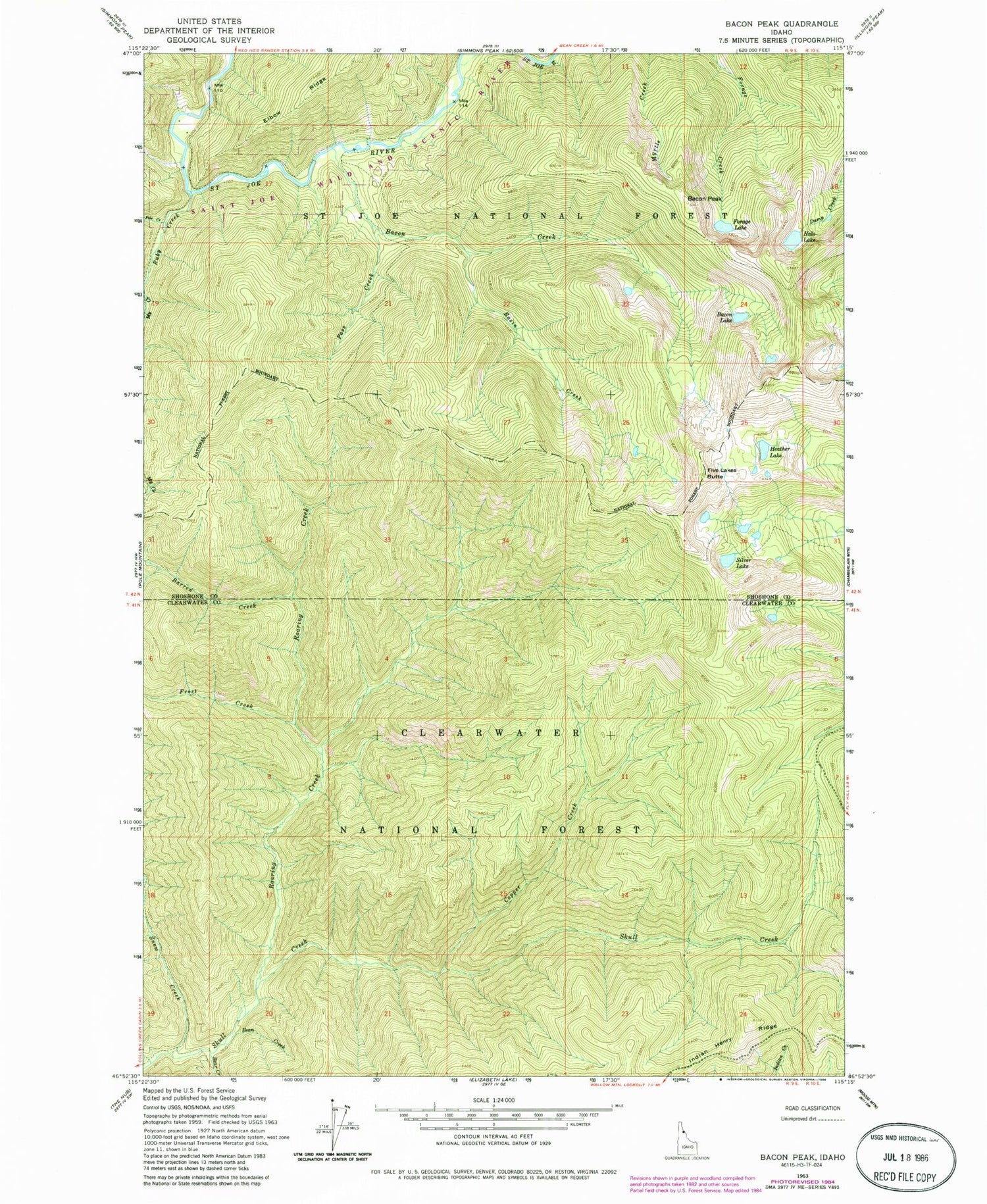 Classic USGS Bacon Peak Idaho 7.5'x7.5' Topo Map Image