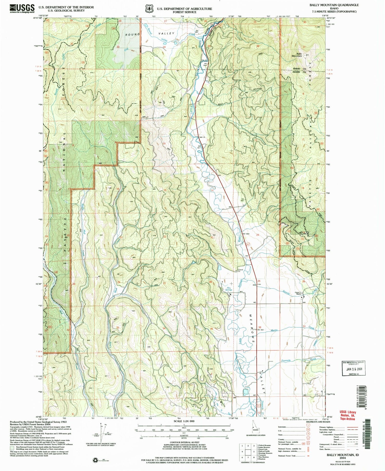 Classic USGS Bally Mountain Idaho 7.5'x7.5' Topo Map Image