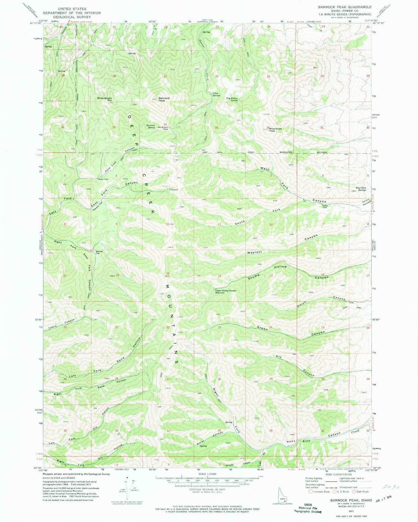 Classic USGS Bannock Peak Idaho 7.5'x7.5' Topo Map Image