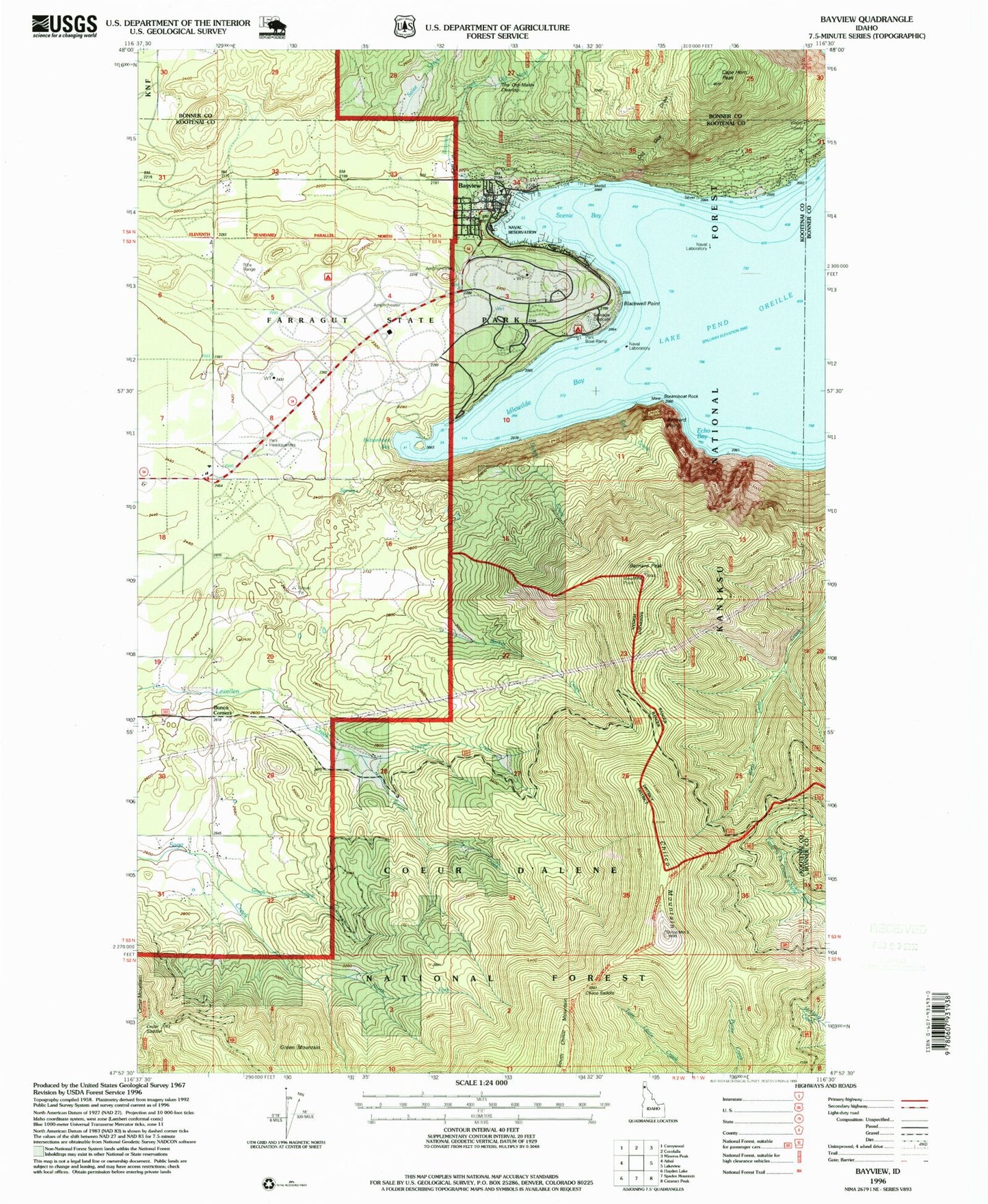 Classic USGS Bayview Idaho 7.5'x7.5' Topo Map Image
