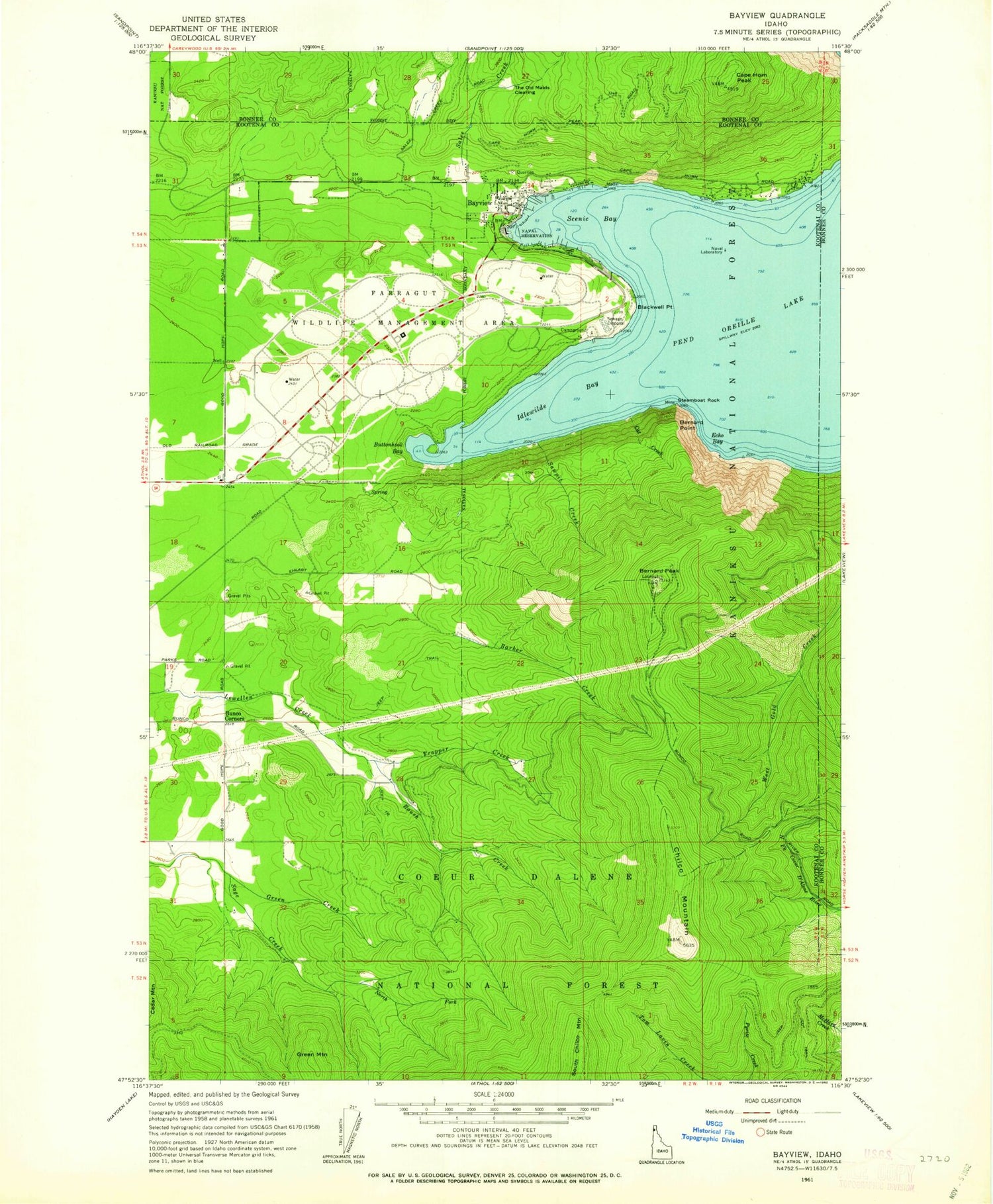 Classic USGS Bayview Idaho 7.5'x7.5' Topo Map Image