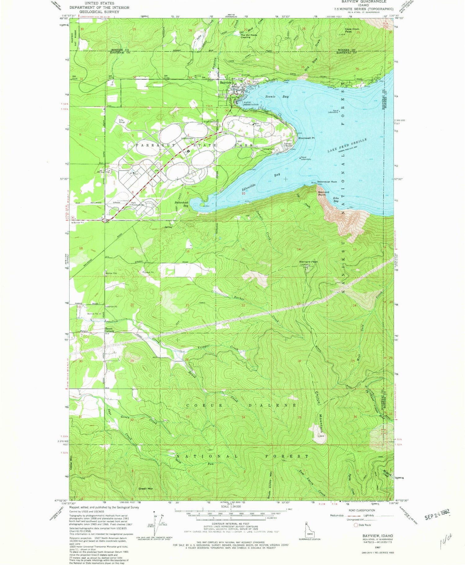 Classic USGS Bayview Idaho 7.5'x7.5' Topo Map Image