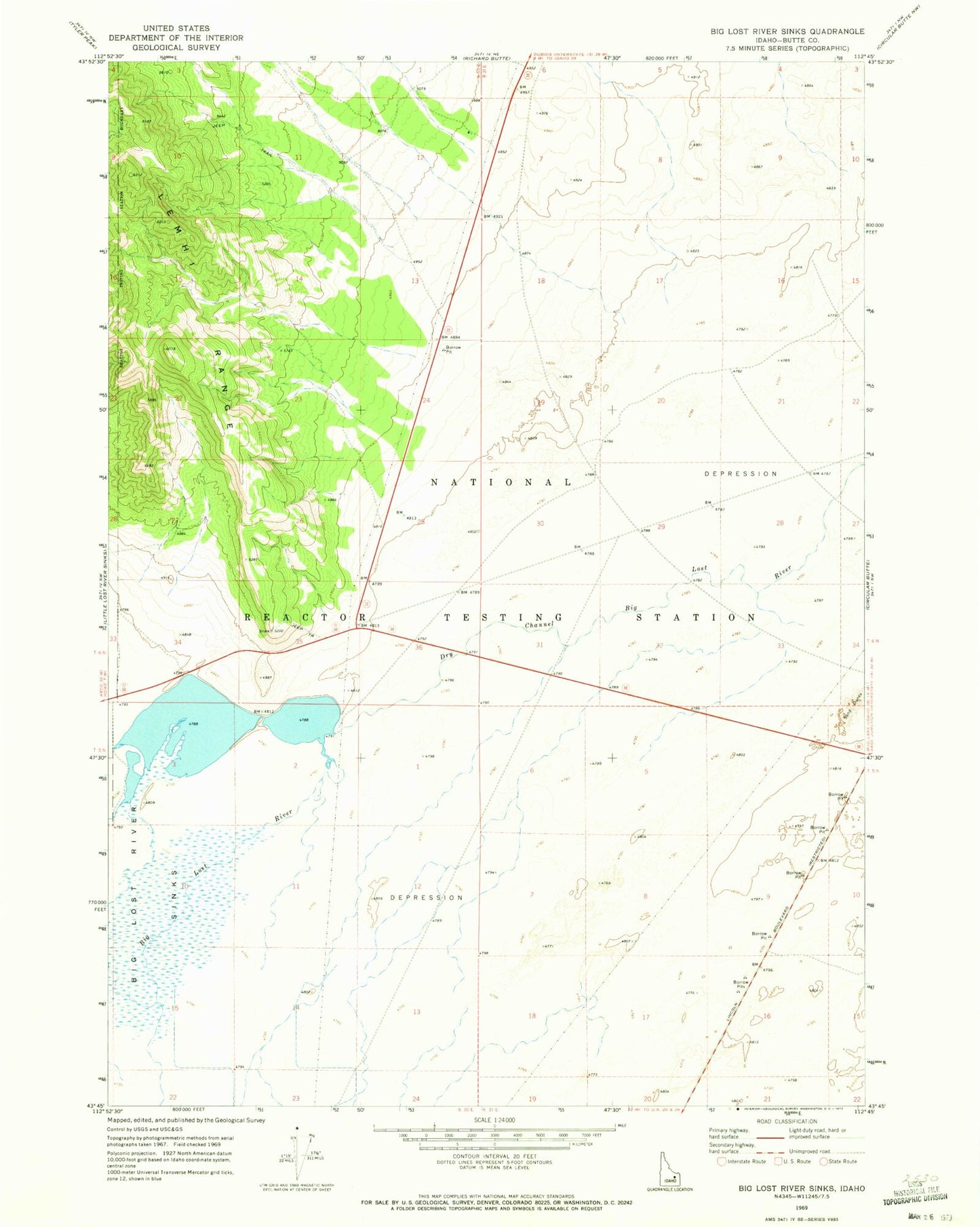 Classic USGS Big Lost River Sinks Idaho 7.5'x7.5' Topo Map Image