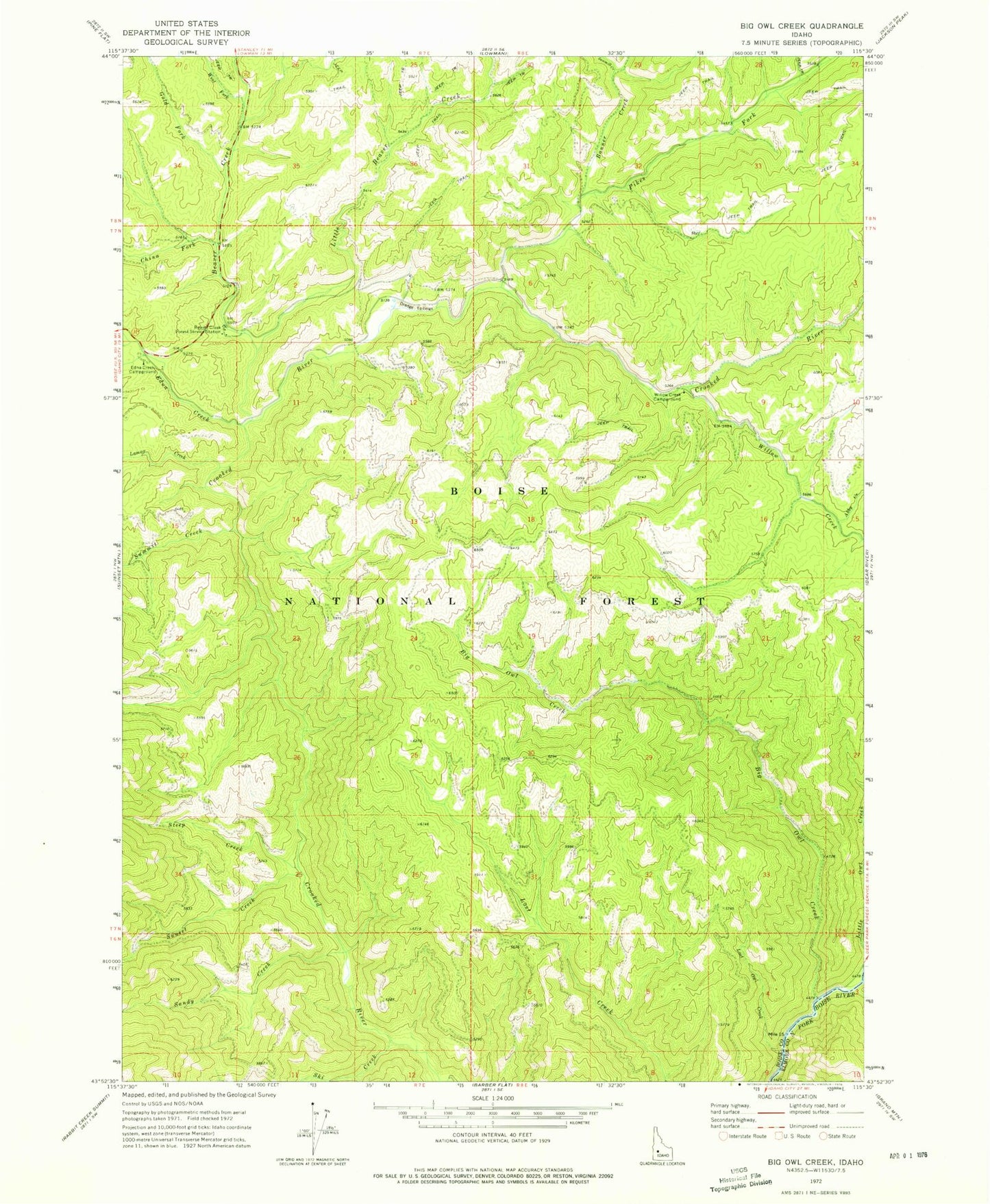 Classic USGS Big Owl Creek Idaho 7.5'x7.5' Topo Map Image