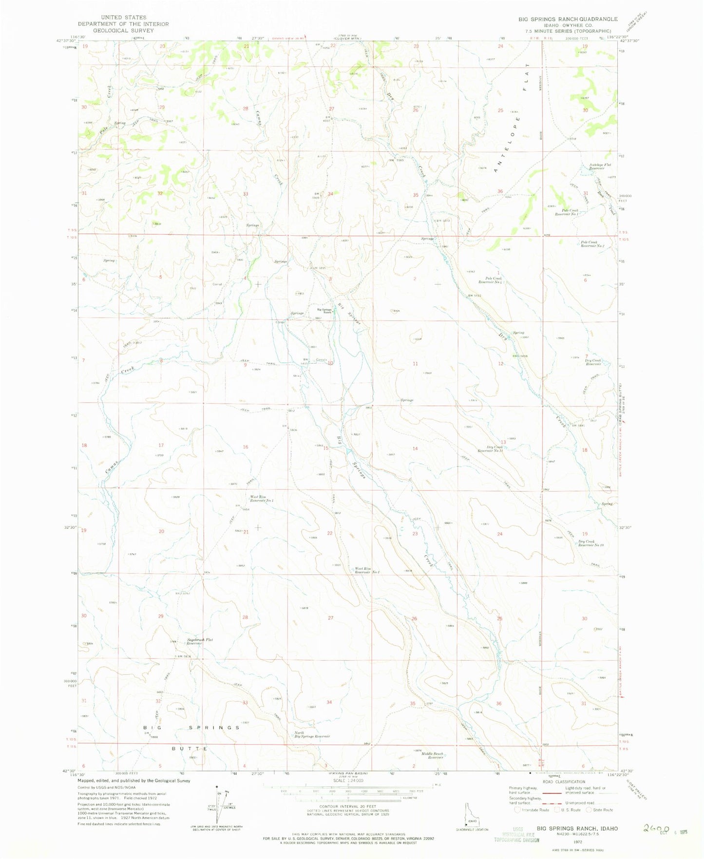 Classic USGS Big Springs Ranch Idaho 7.5'x7.5' Topo Map Image