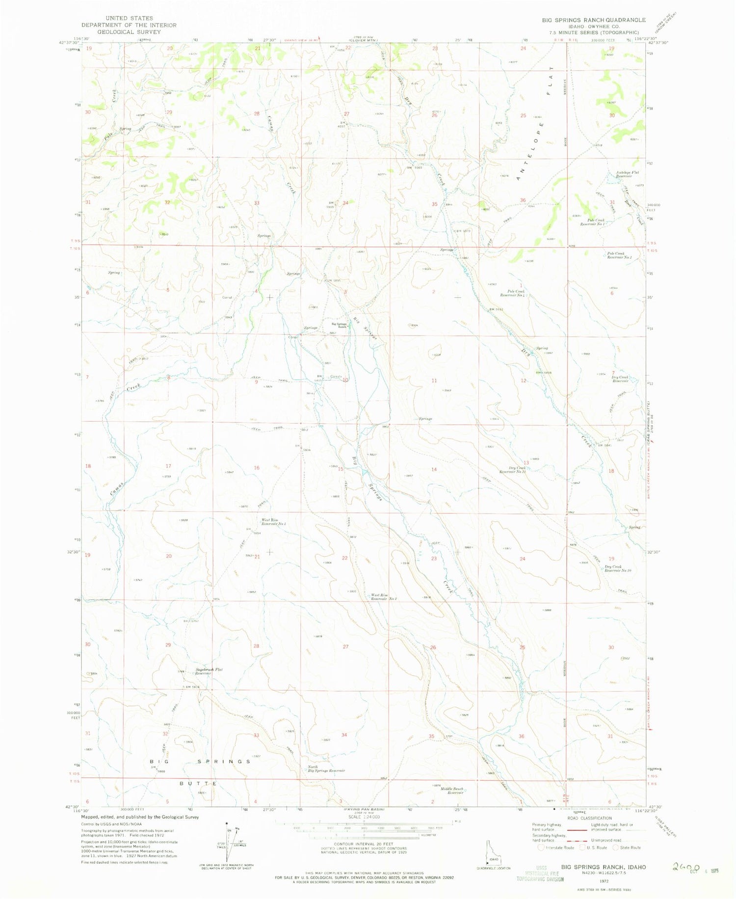 Classic USGS Big Springs Ranch Idaho 7.5'x7.5' Topo Map Image