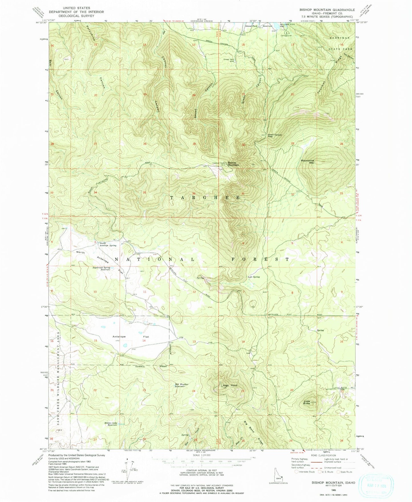 Classic USGS Bishop Mountain Idaho 7.5'x7.5' Topo Map Image