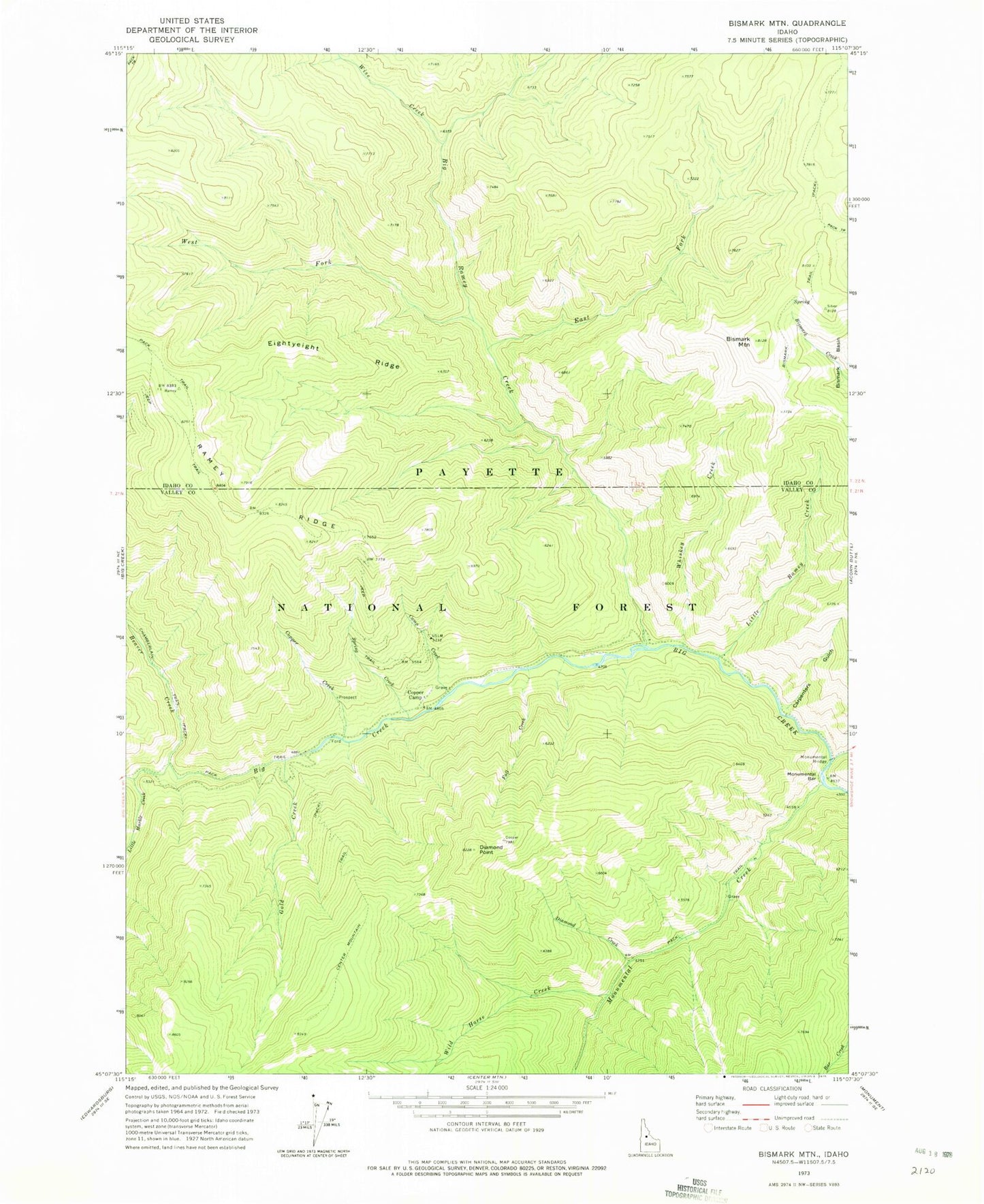 Classic USGS Bismark Mountain Idaho 7.5'x7.5' Topo Map Image