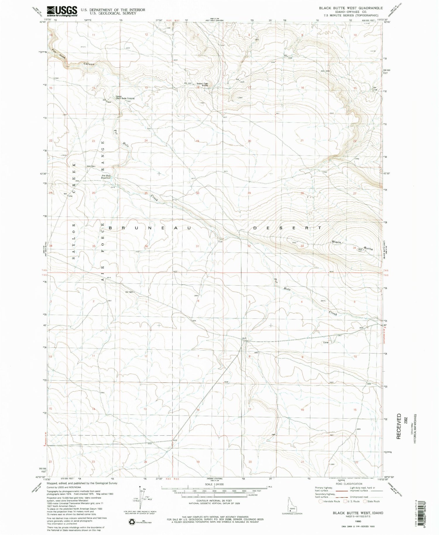 Classic USGS Black Butte West Idaho 7.5'x7.5' Topo Map Image