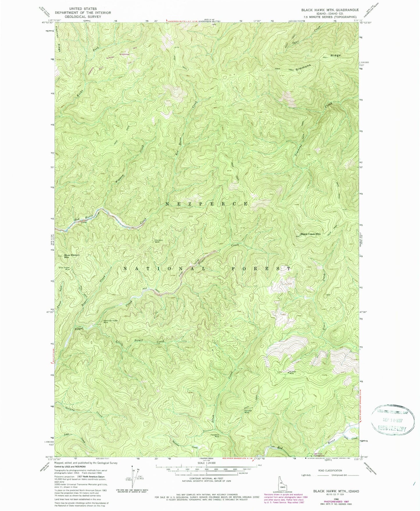 Classic USGS Black Hawk Mountain Idaho 7.5'x7.5' Topo Map Image
