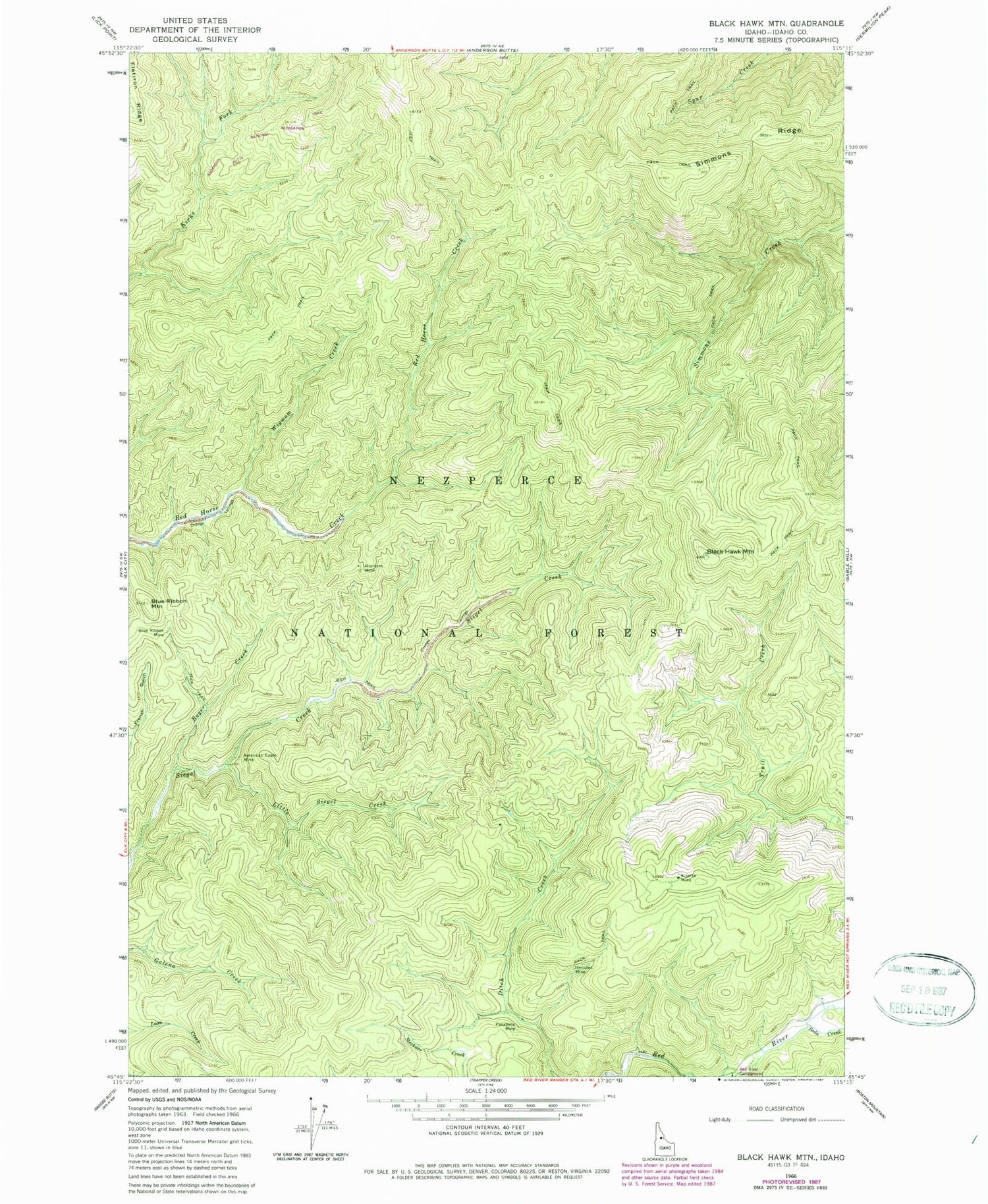 Classic USGS Black Hawk Mountain Idaho 7.5'x7.5' Topo Map Image