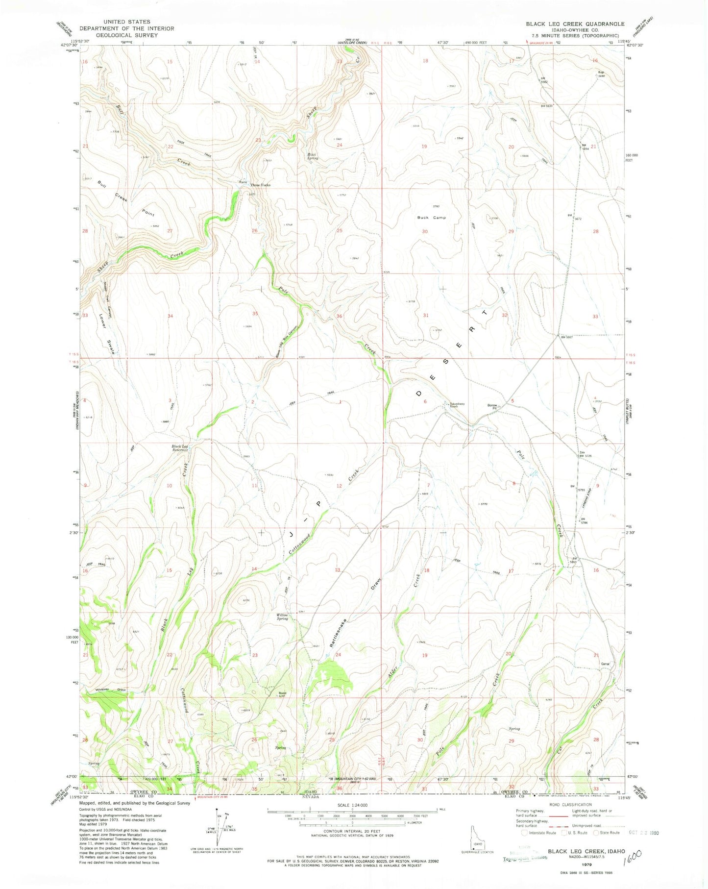 Classic USGS Black Leg Creek Idaho 7.5'x7.5' Topo Map Image