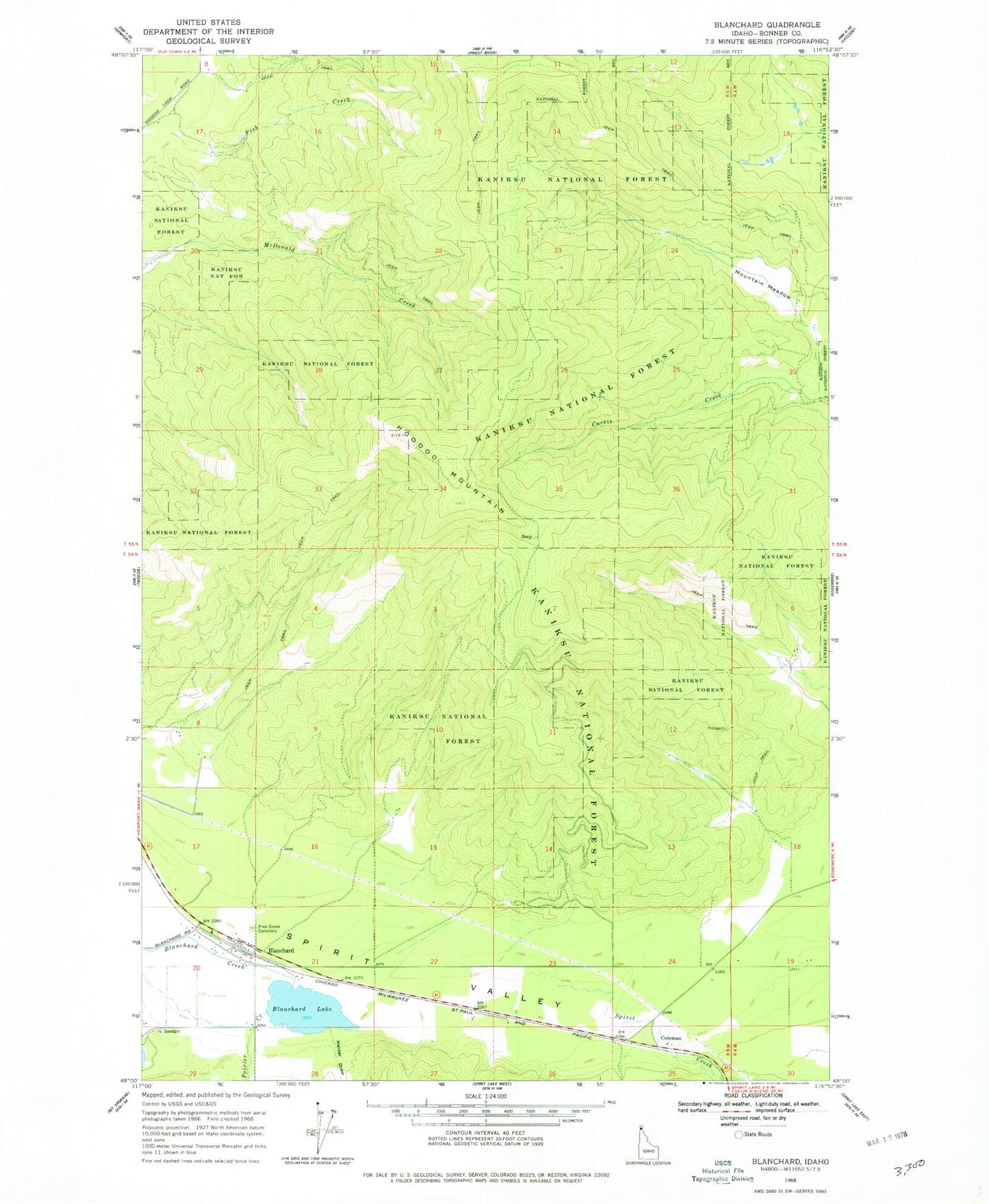 Classic USGS Blanchard Idaho 7.5'x7.5' Topo Map Image