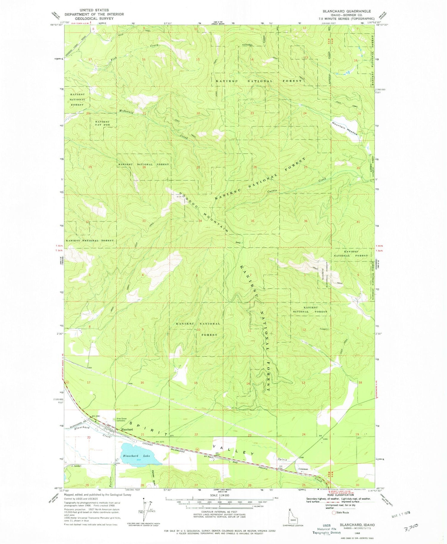 Classic USGS Blanchard Idaho 7.5'x7.5' Topo Map Image