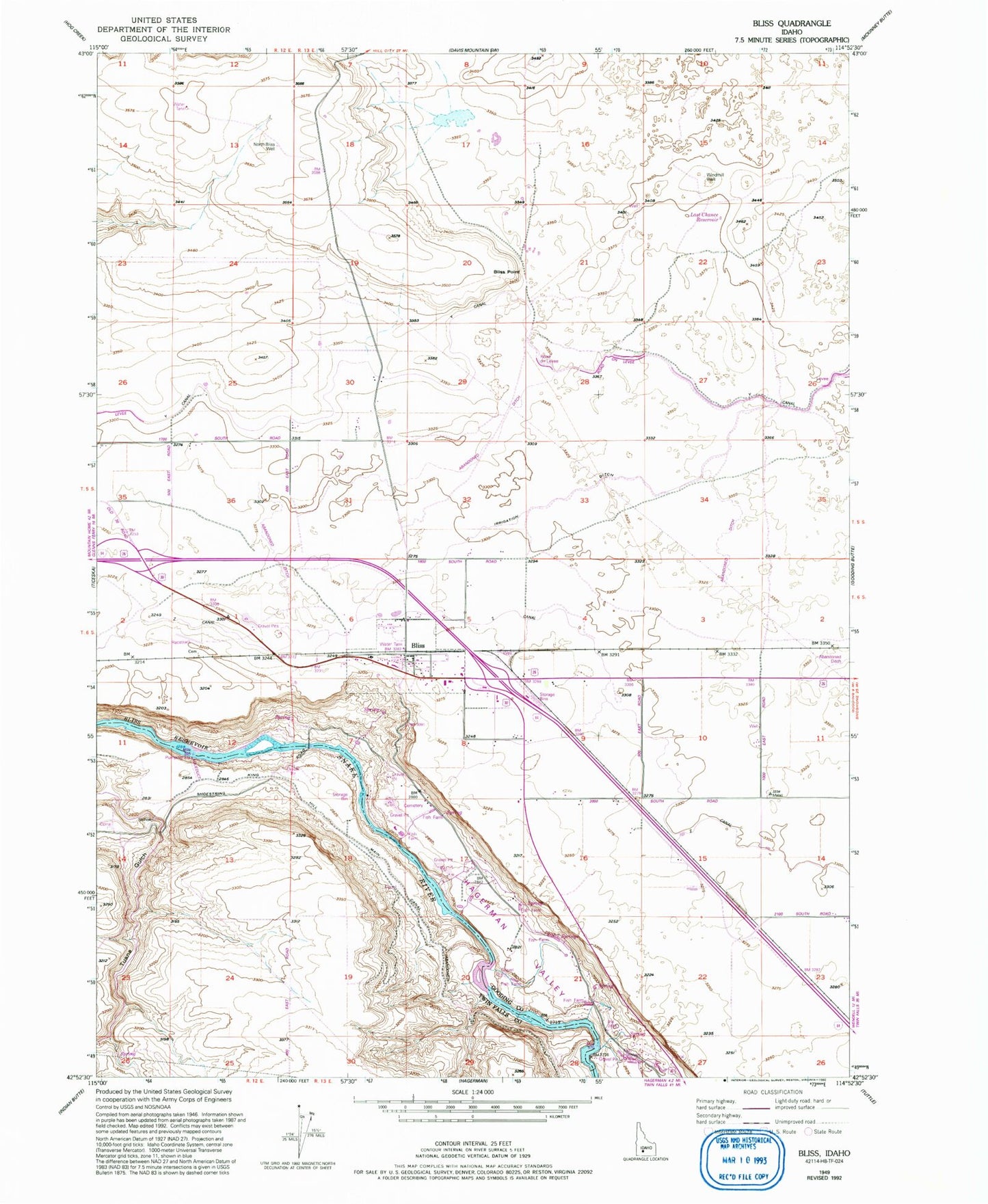 Classic USGS Bliss Idaho 7.5'x7.5' Topo Map Image