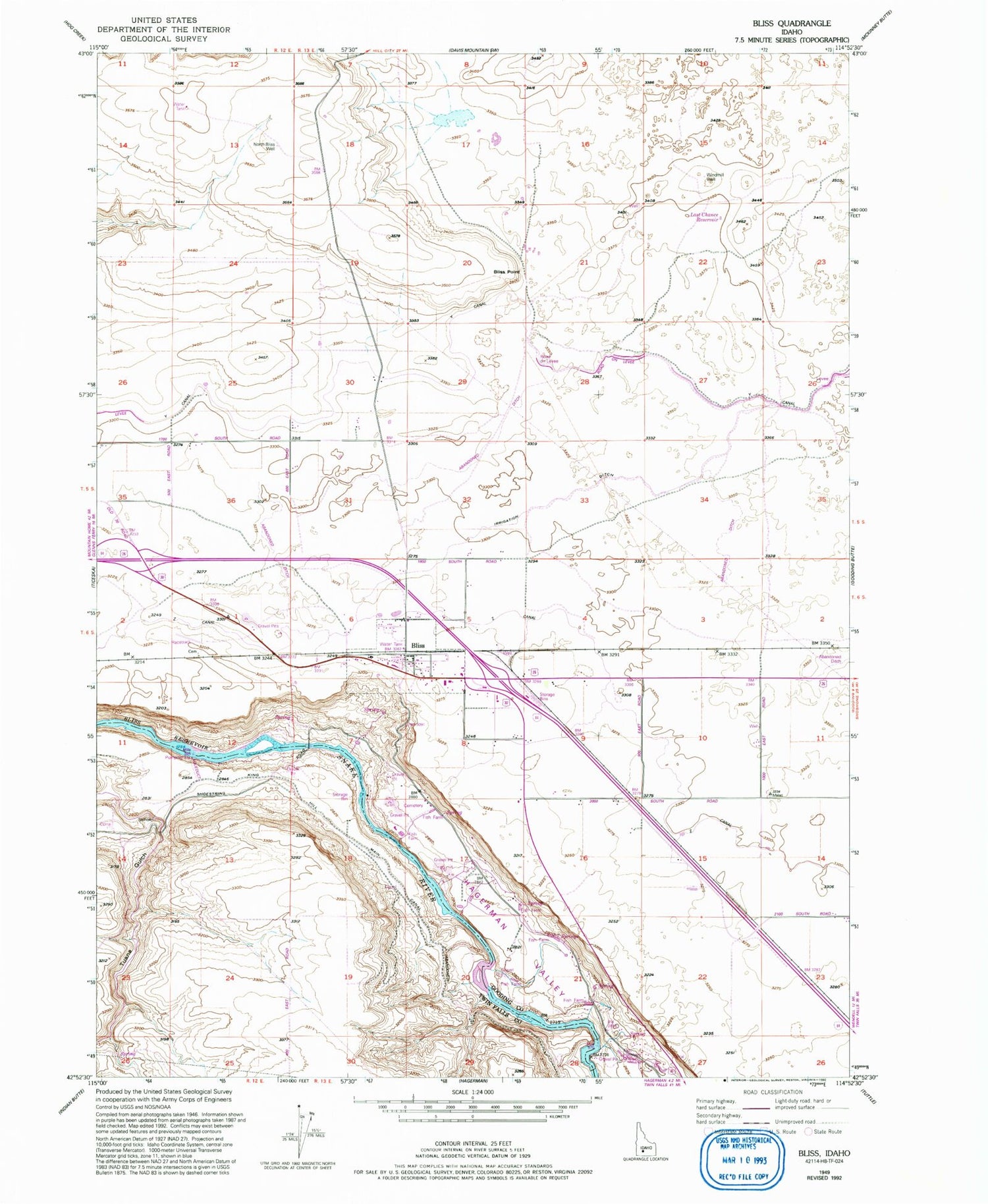 Classic USGS Bliss Idaho 7.5'x7.5' Topo Map Image