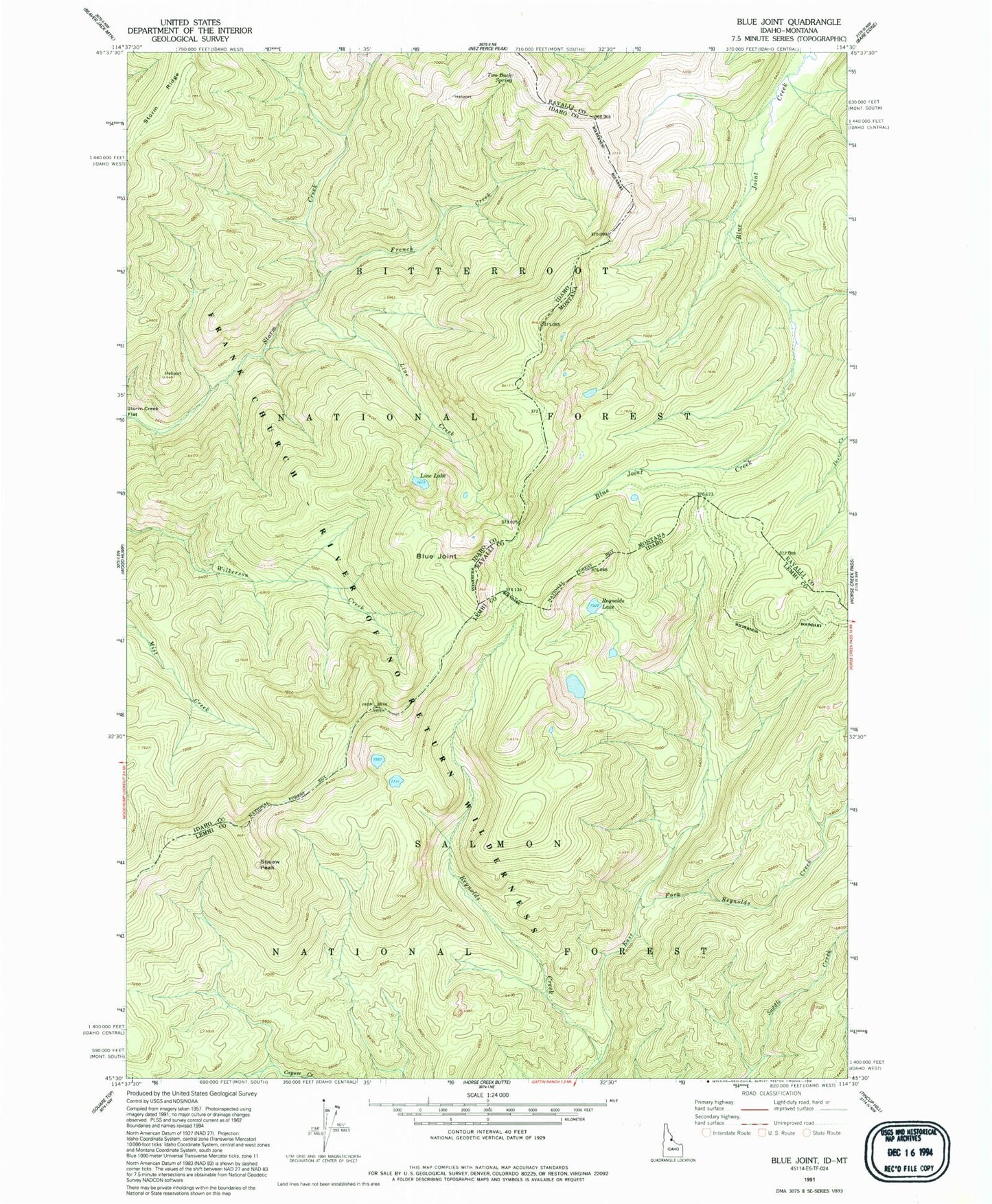 Classic USGS Blue Joint Idaho 7.5'x7.5' Topo Map Image