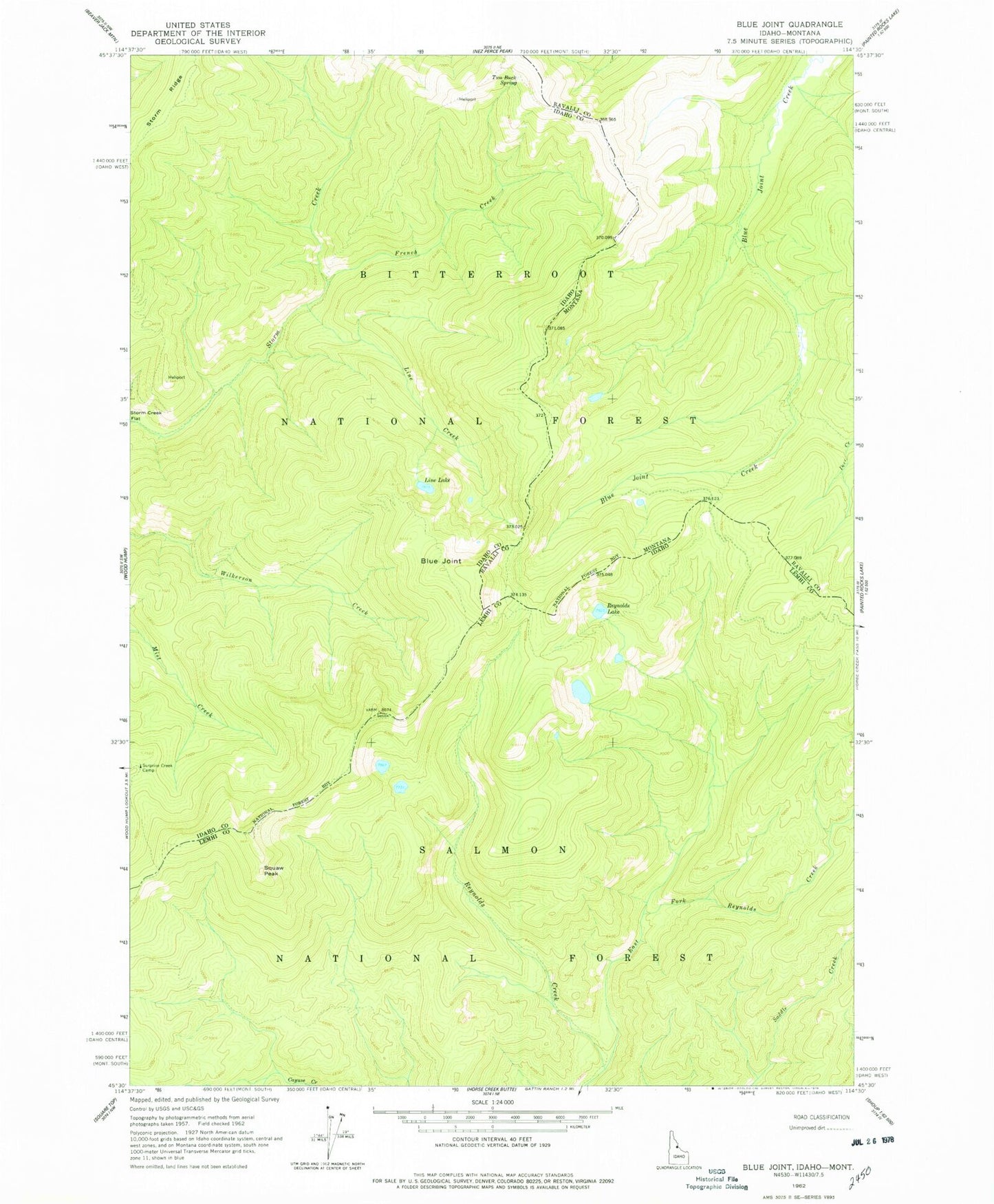 Classic USGS Blue Joint Idaho 7.5'x7.5' Topo Map Image