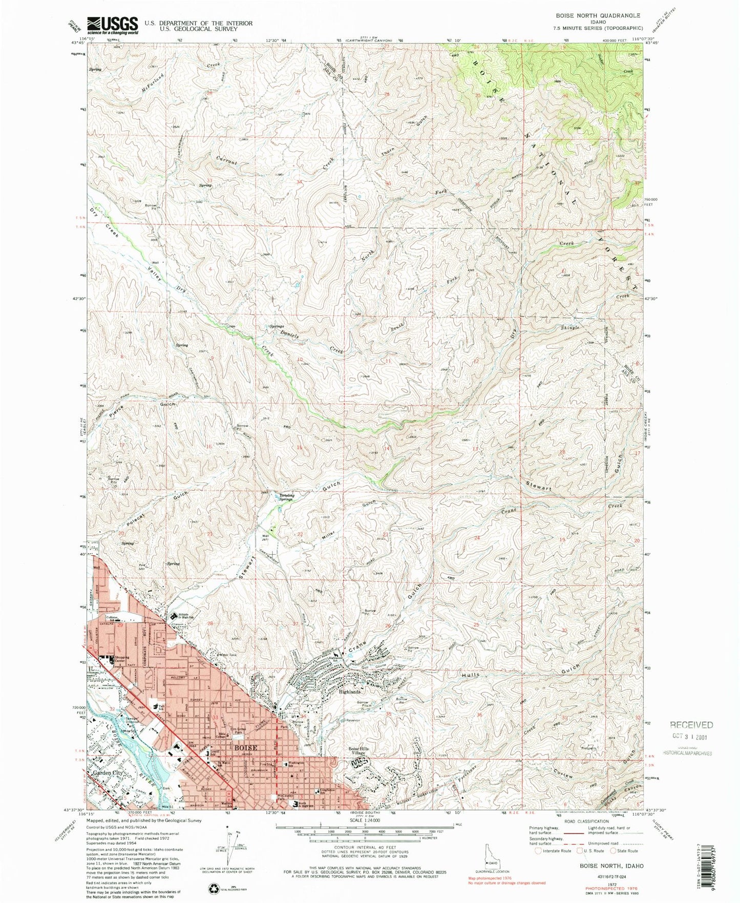 Classic USGS Boise North Idaho 7.5'x7.5' Topo Map Image