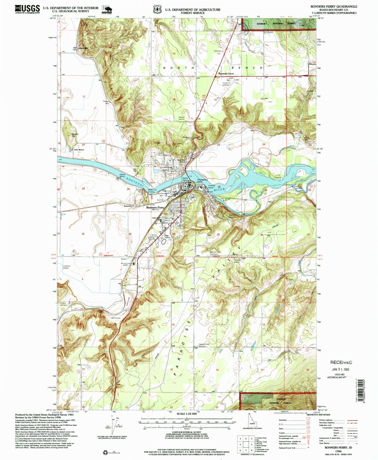 Classic USGS Bonners Ferry Idaho 7.5'x7.5' Topo Map Image