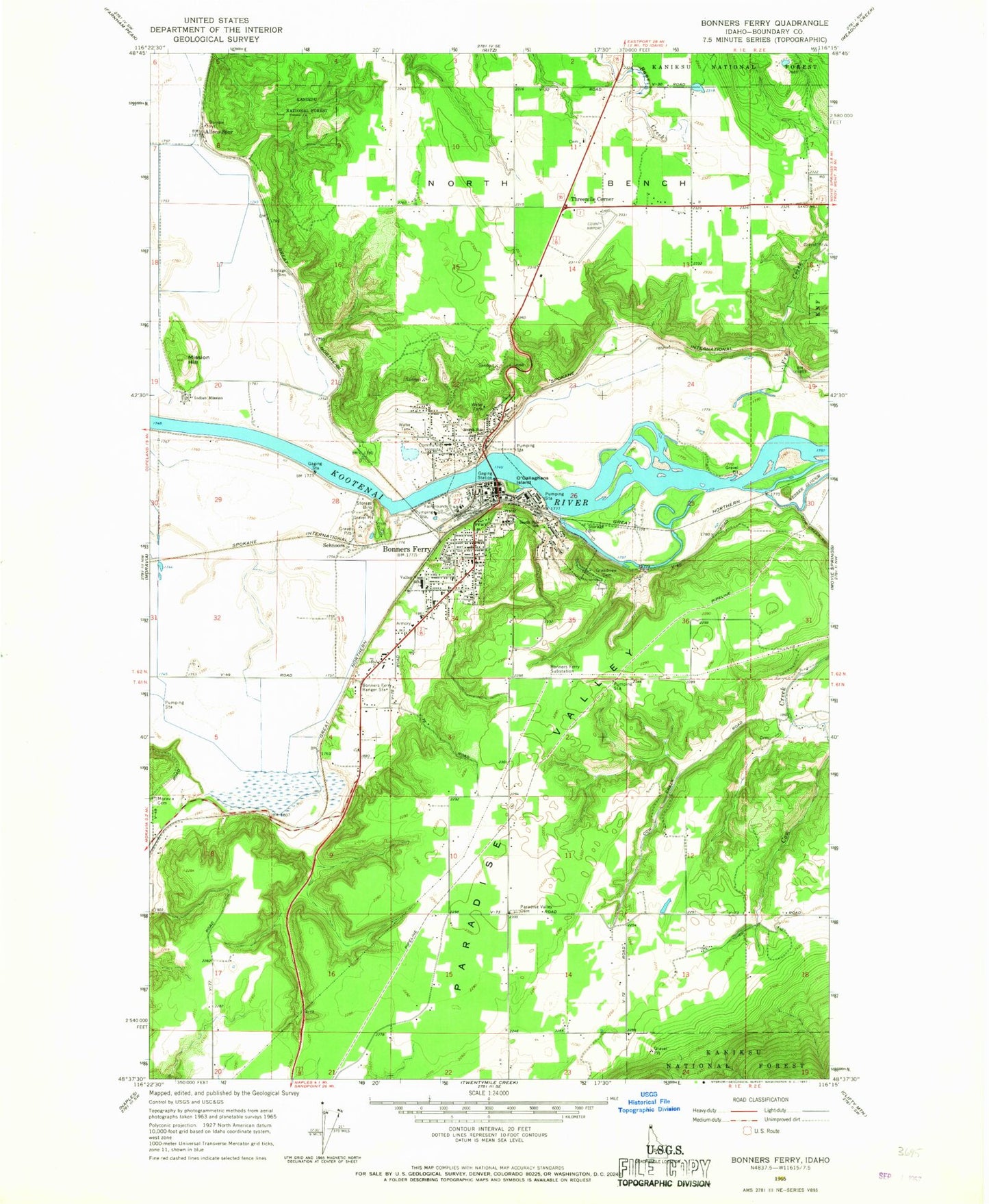 Classic USGS Bonners Ferry Idaho 7.5'x7.5' Topo Map Image