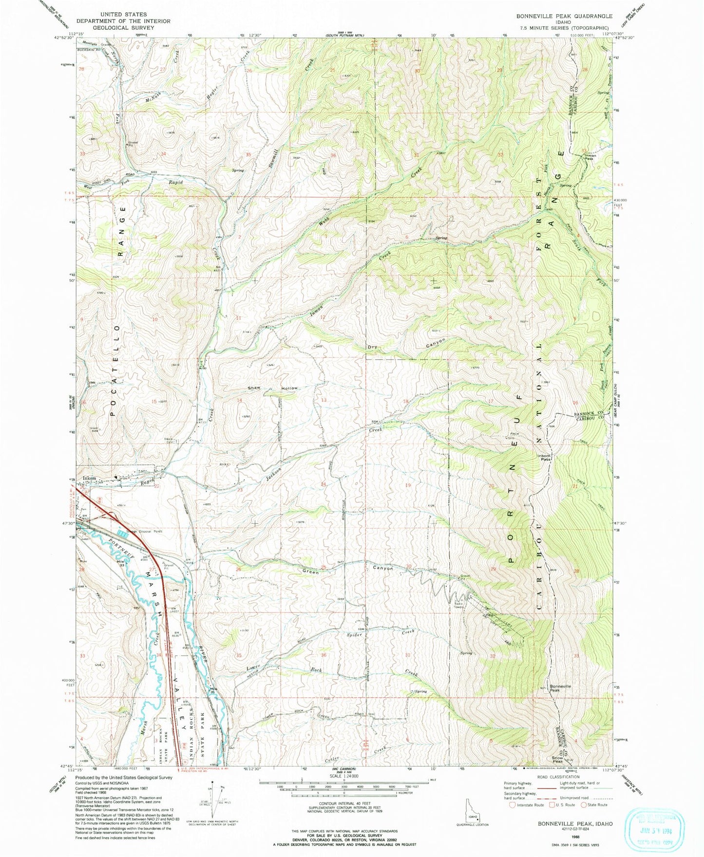 Classic USGS Bonneville Peak Idaho 7.5'x7.5' Topo Map Image