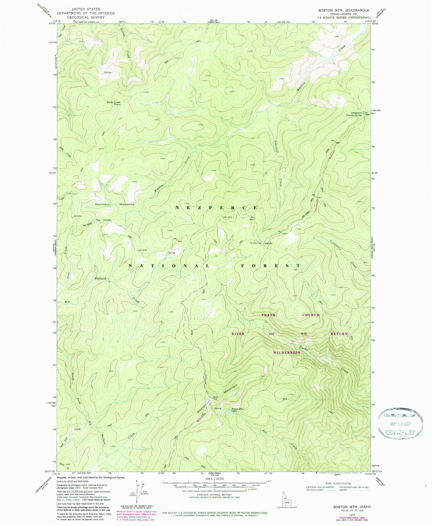Classic USGS Boston Mountain Idaho 7.5'x7.5' Topo Map Image