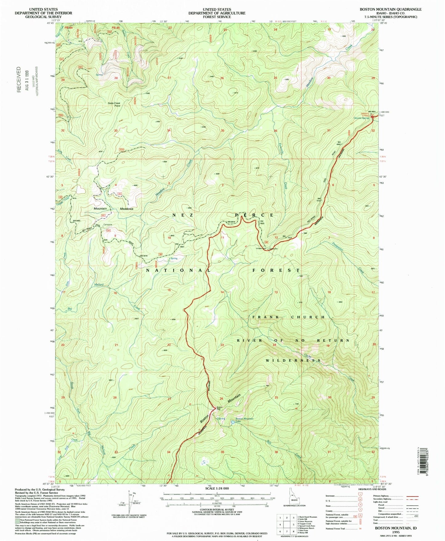 Classic USGS Boston Mountain Idaho 7.5'x7.5' Topo Map Image