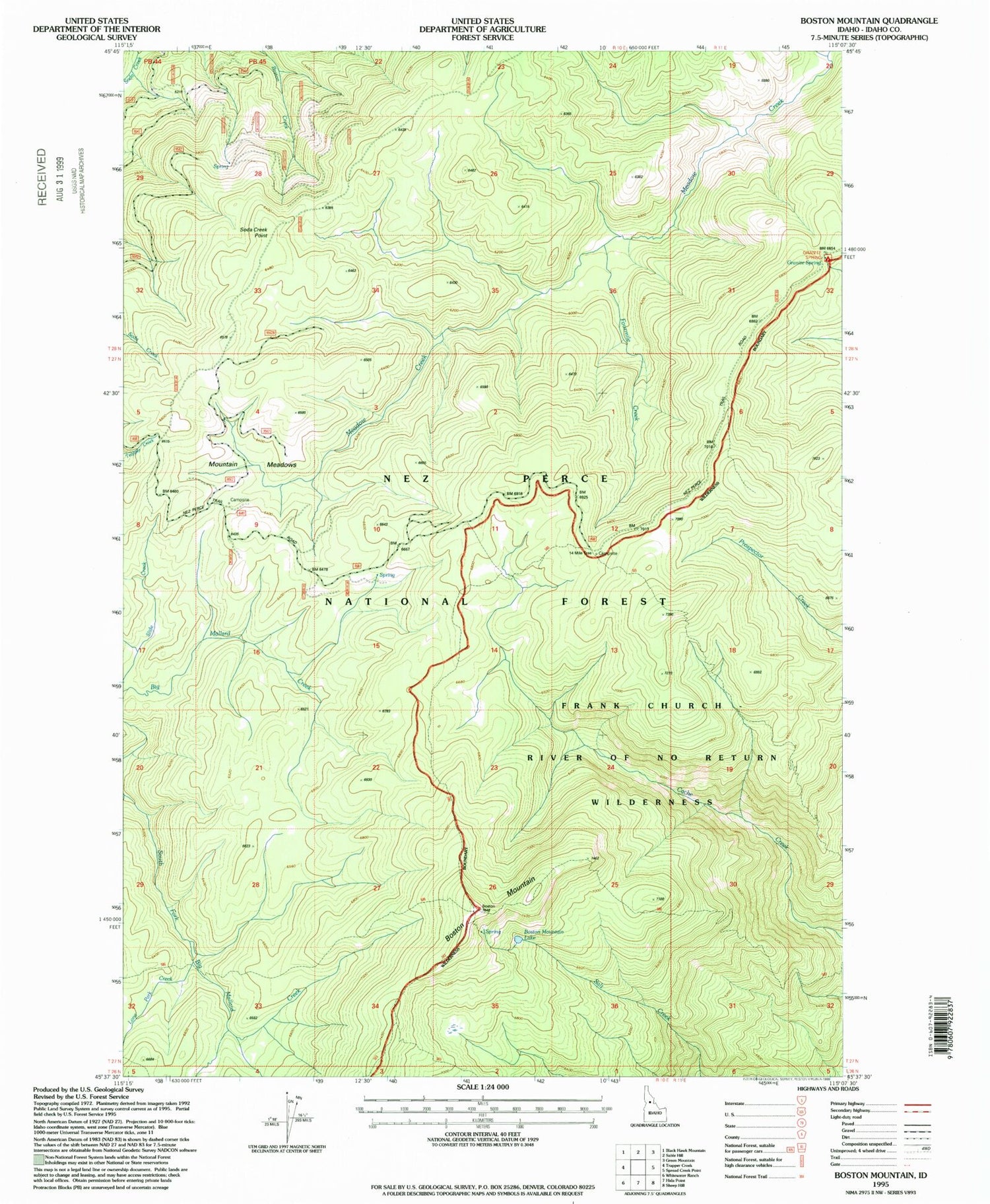 Classic USGS Boston Mountain Idaho 7.5'x7.5' Topo Map Image