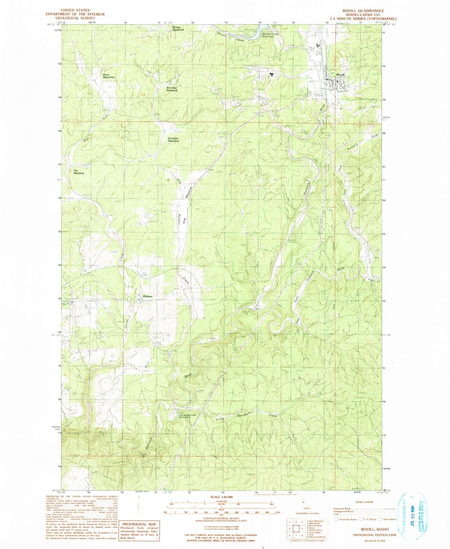Classic USGS Bovill Idaho 7.5'x7.5' Topo Map Image