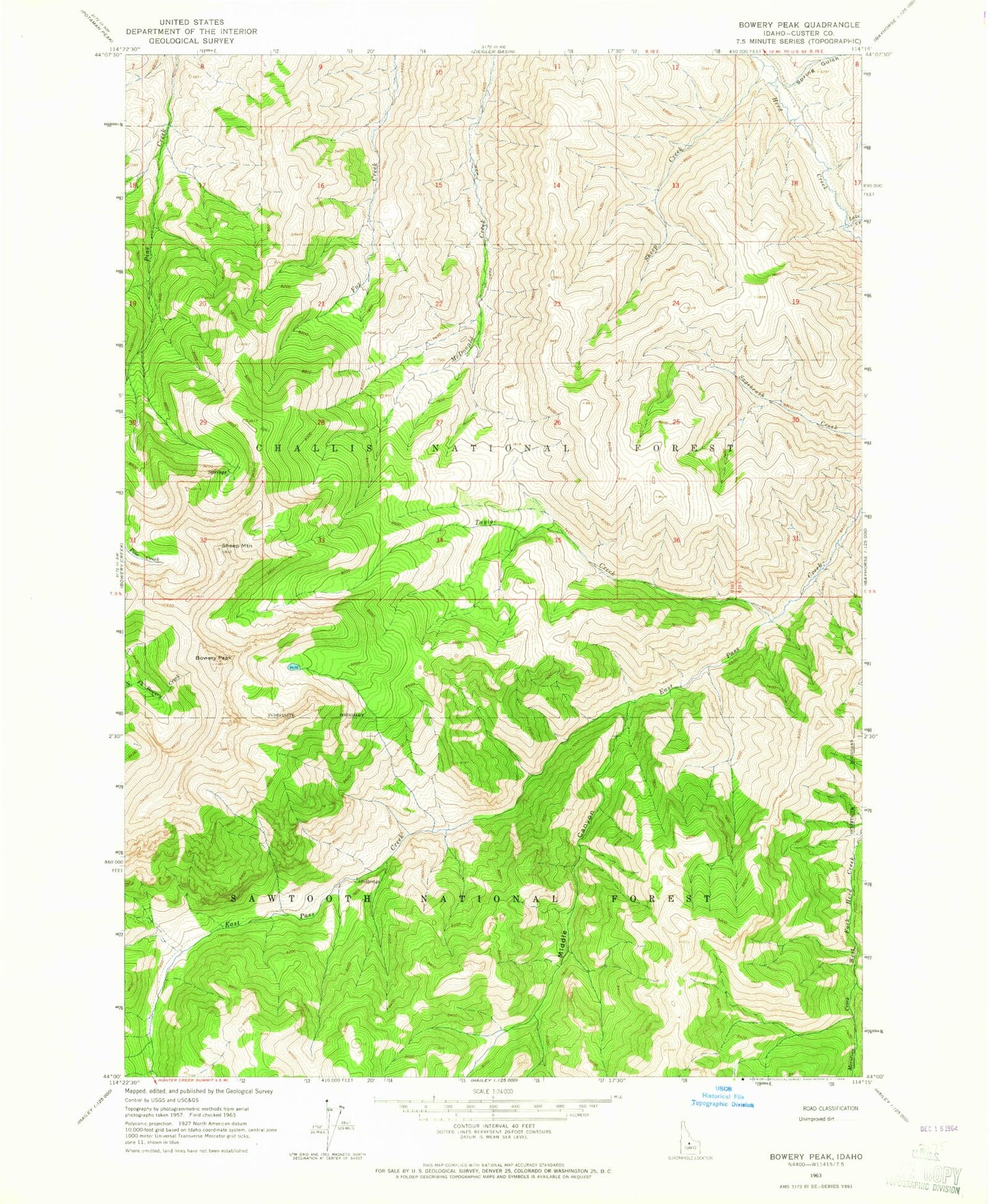 Classic USGS Bowery Peak Idaho 7.5'x7.5' Topo Map Image
