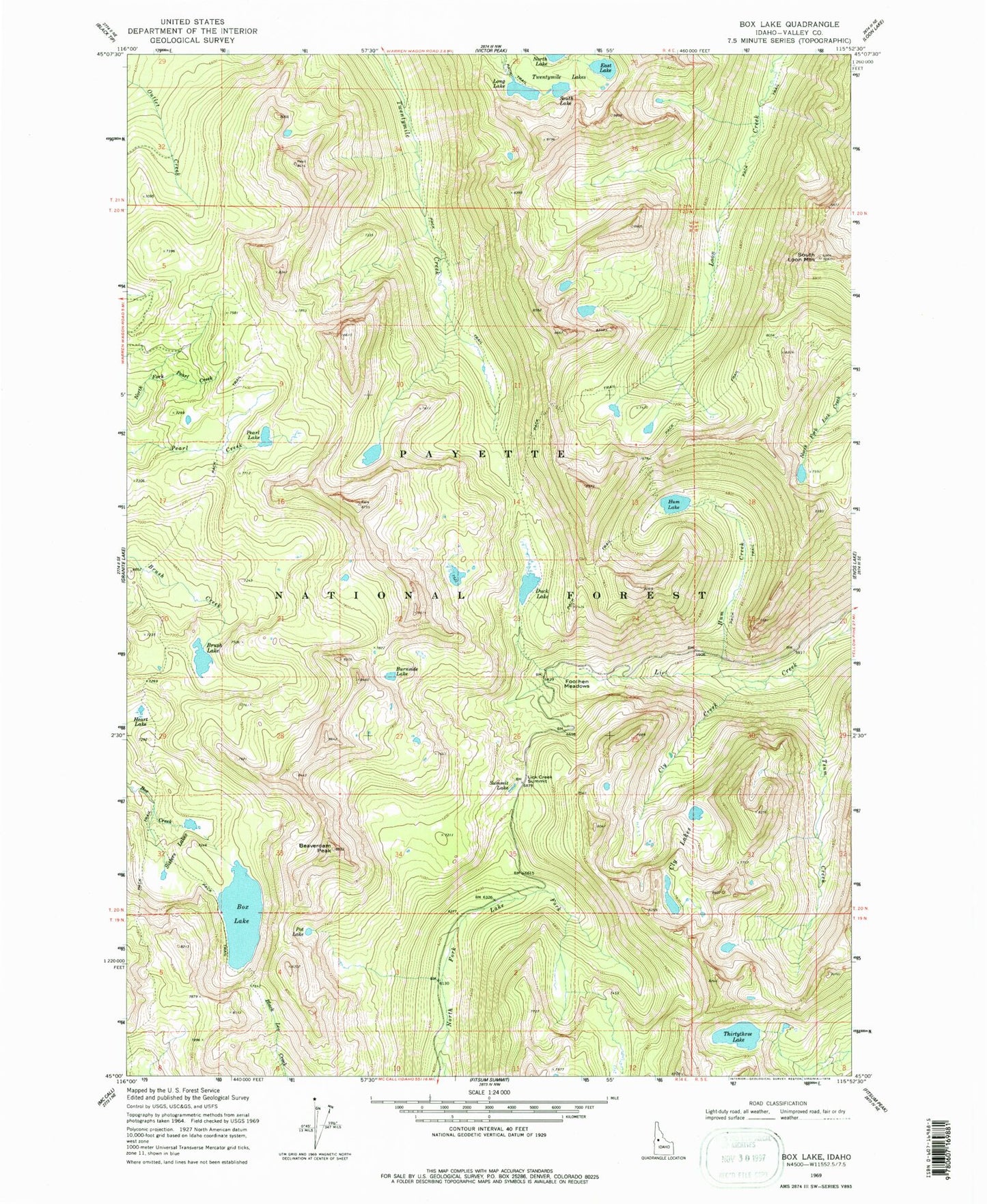 Classic USGS Box Lake Idaho 7.5'x7.5' Topo Map Image