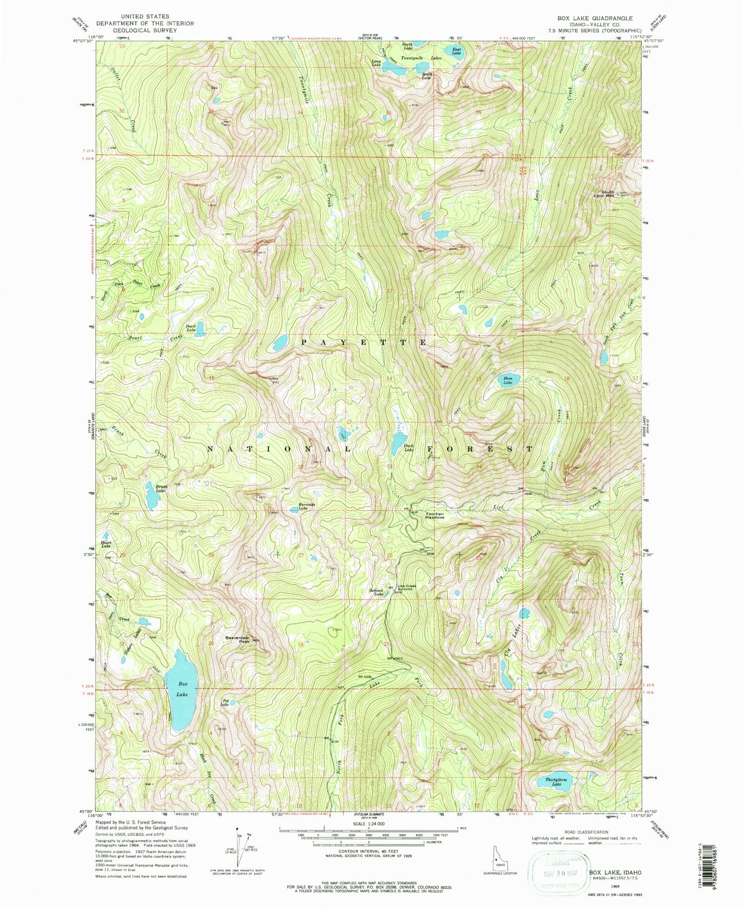 Classic USGS Box Lake Idaho 7.5'x7.5' Topo Map Image